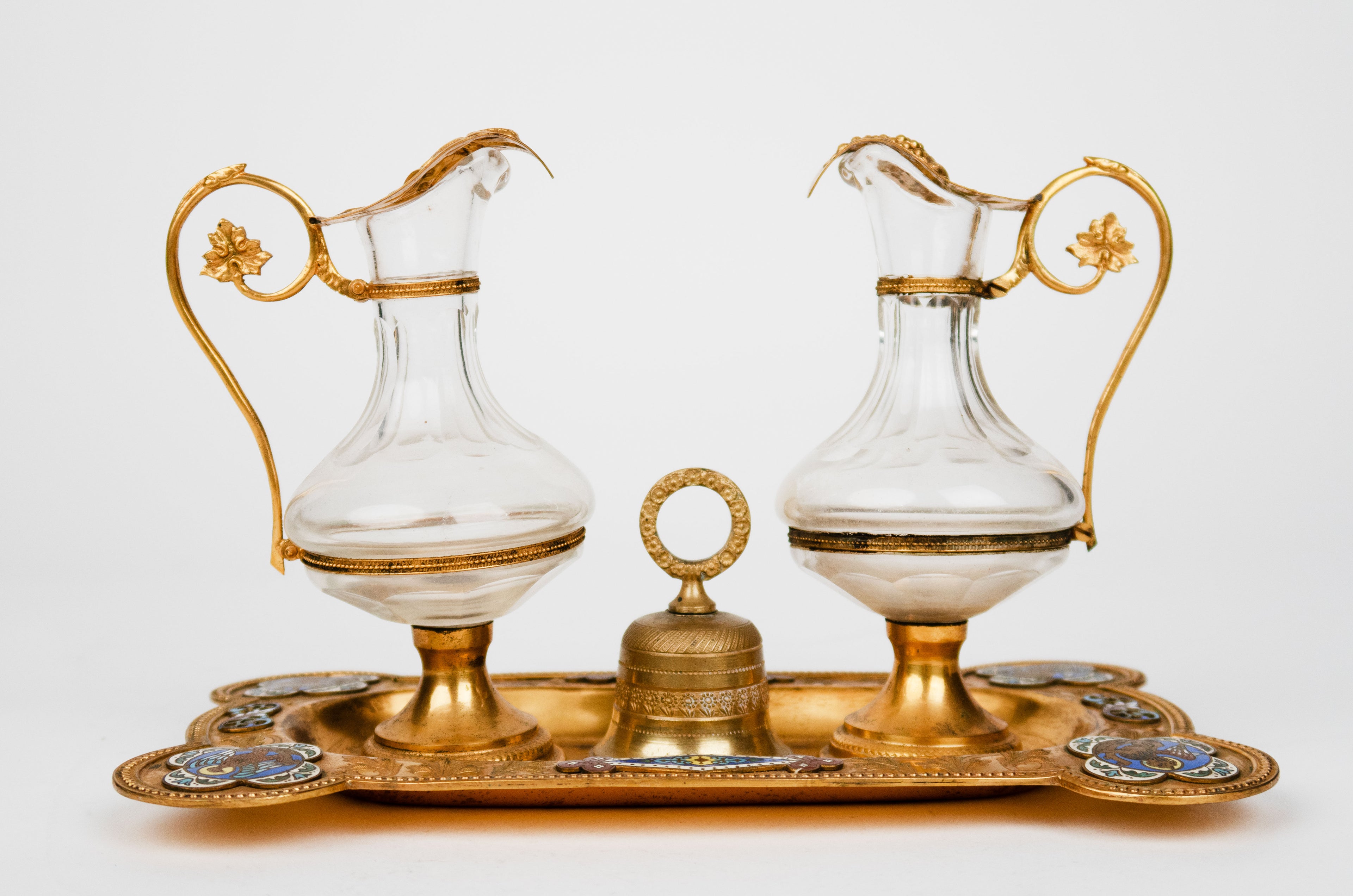 19th C. French Champleve Enamel Over gilt Bronze Baccarat & Crystal Cruet Set
