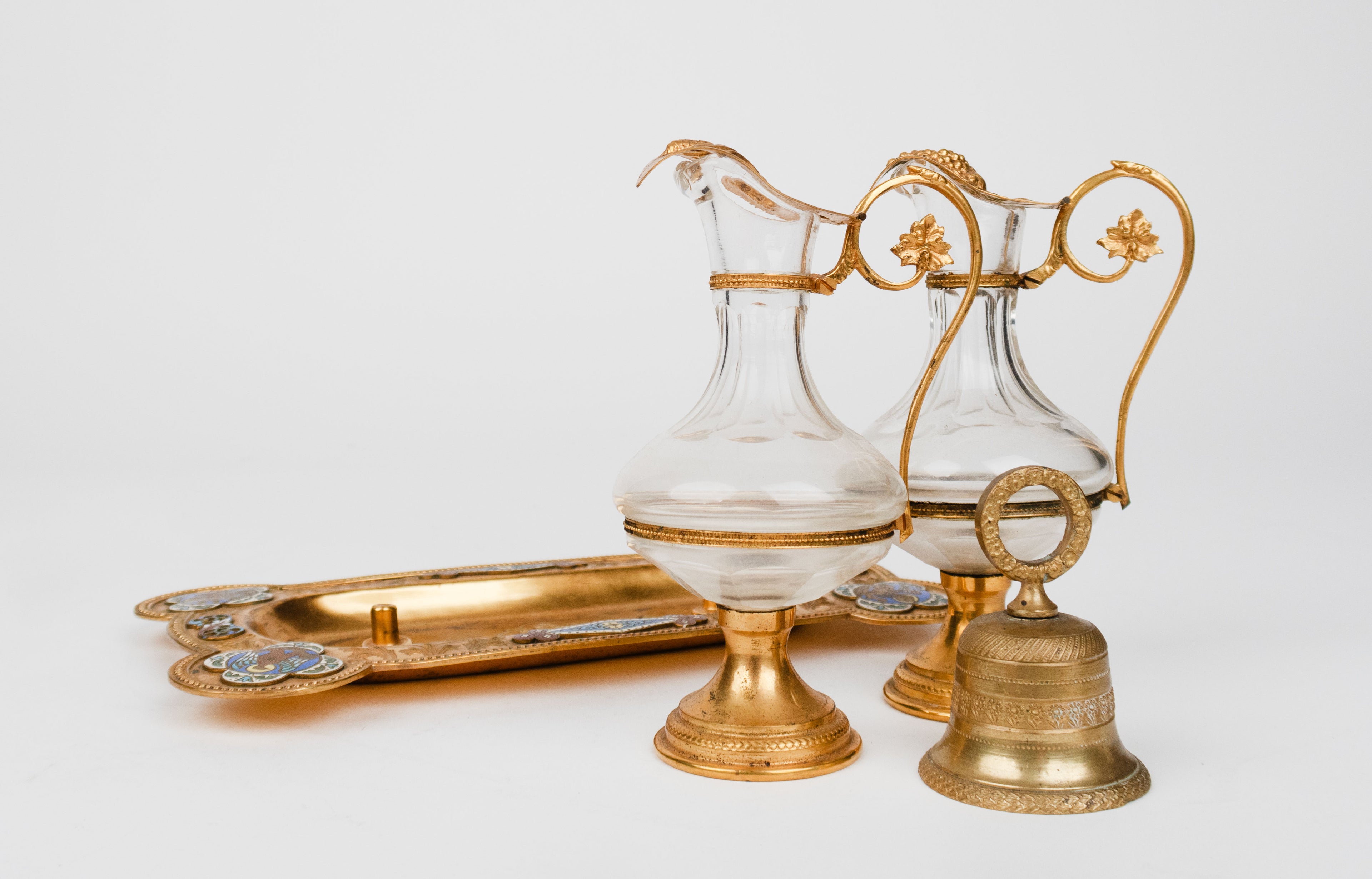 19th C. French Champleve Enamel Over gilt Bronze Baccarat & Crystal Cruet Set