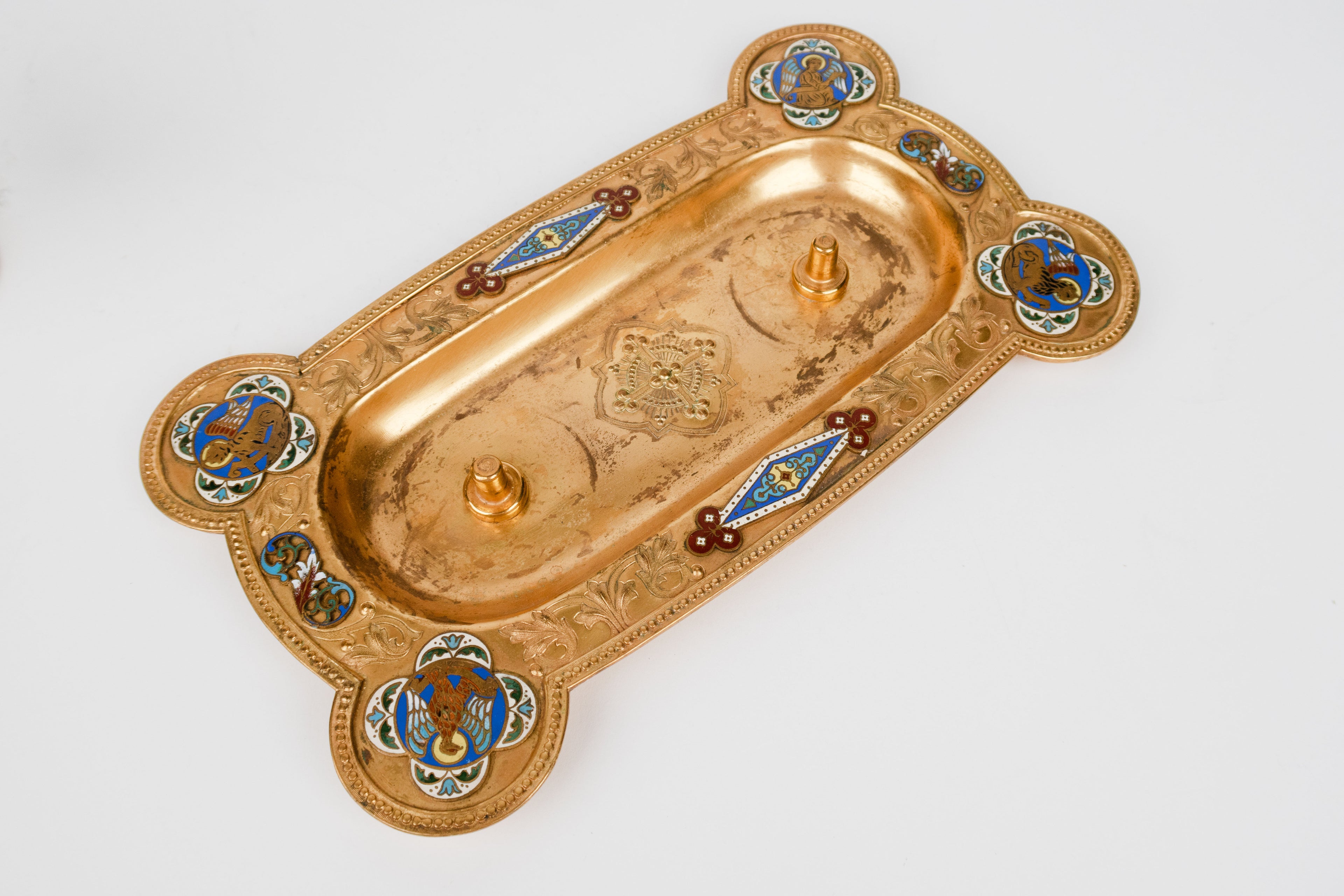 19th C. French Champleve Enamel Over gilt Bronze Baccarat & Crystal Cruet Set