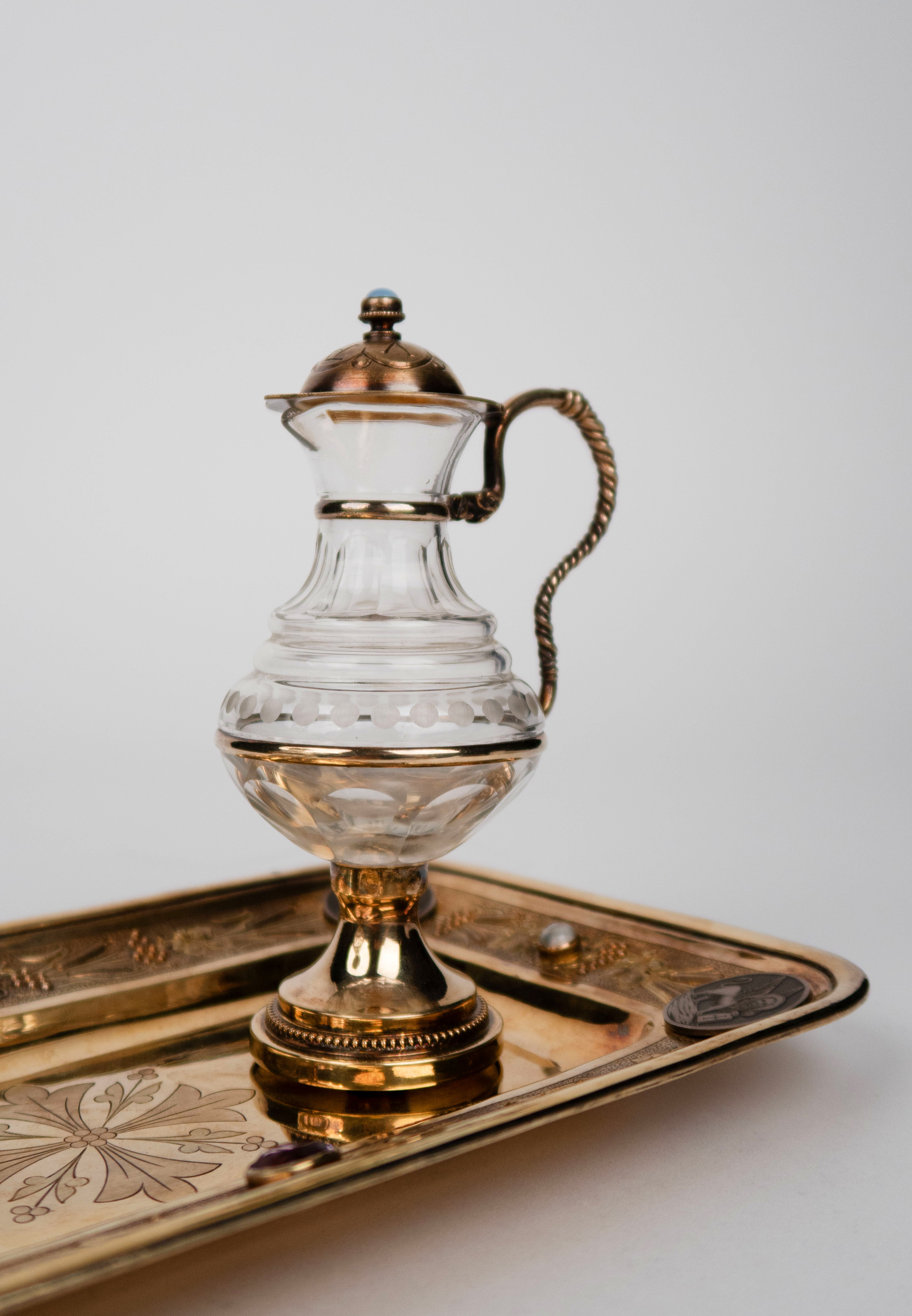 19th C. French Jeweled Hand Engraved Gilt Silver Cruet Set