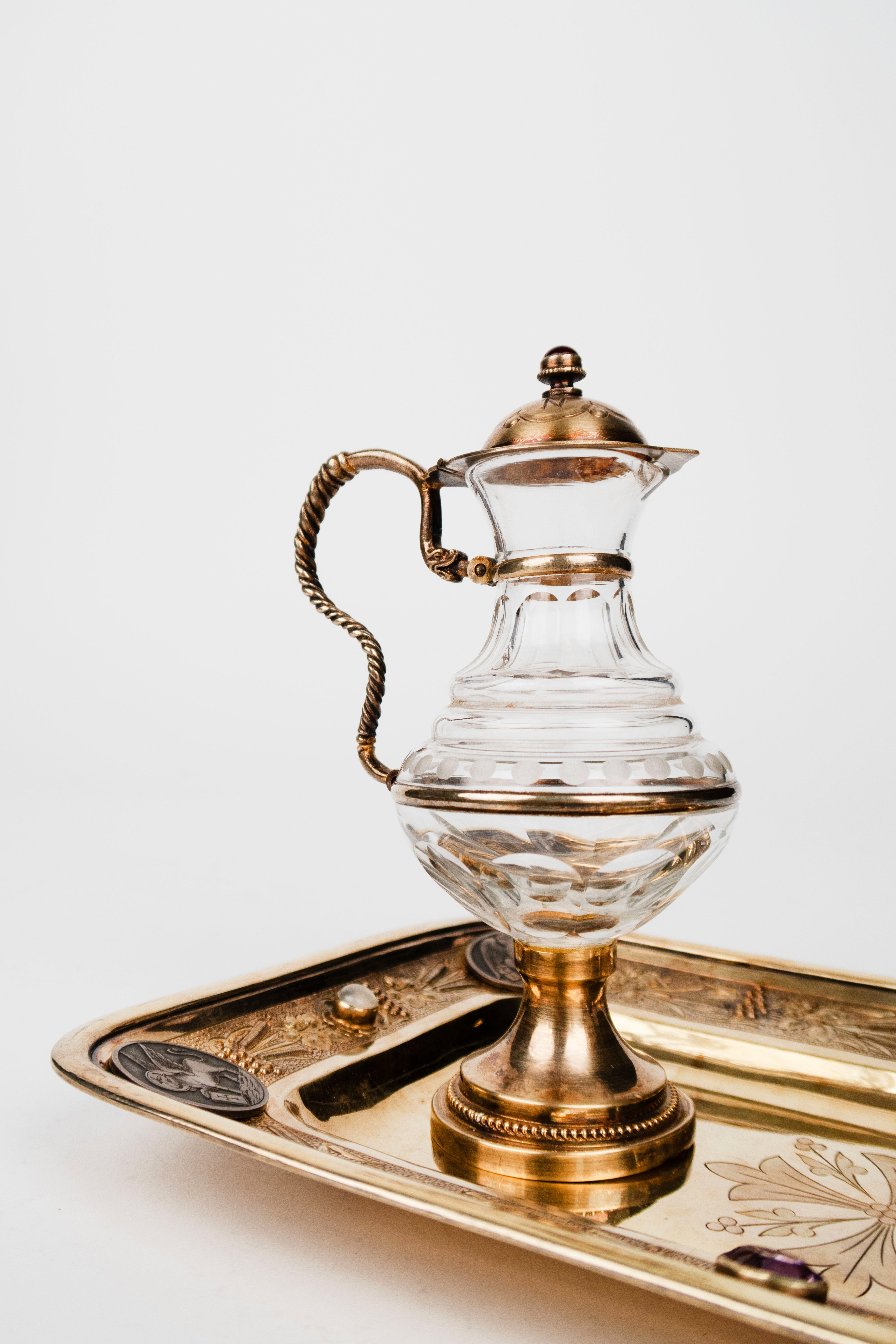 19th C. French Jeweled Hand Engraved Gilt Silver Cruet Set