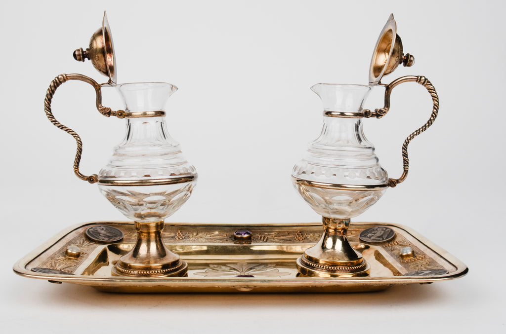 19th C. French Jeweled Hand Engraved Gilt Silver Cruet Set