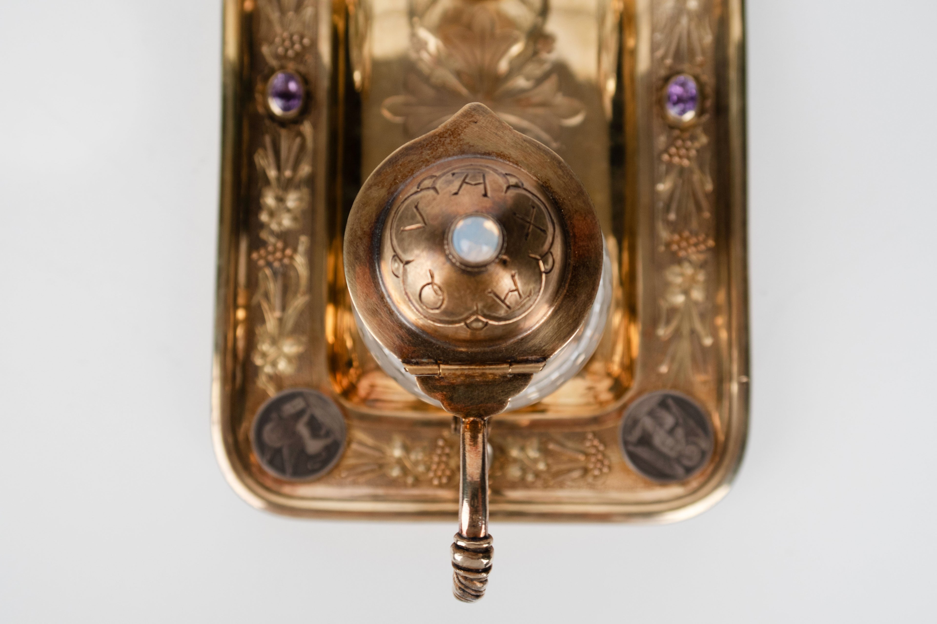 19th C. French Jeweled Hand Engraved Gilt Silver Cruet Set