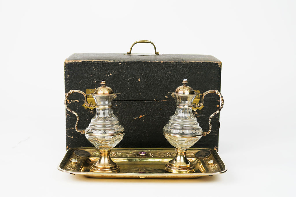 19th C. French Jeweled Hand Engraved Gilt Silver Cruet Set