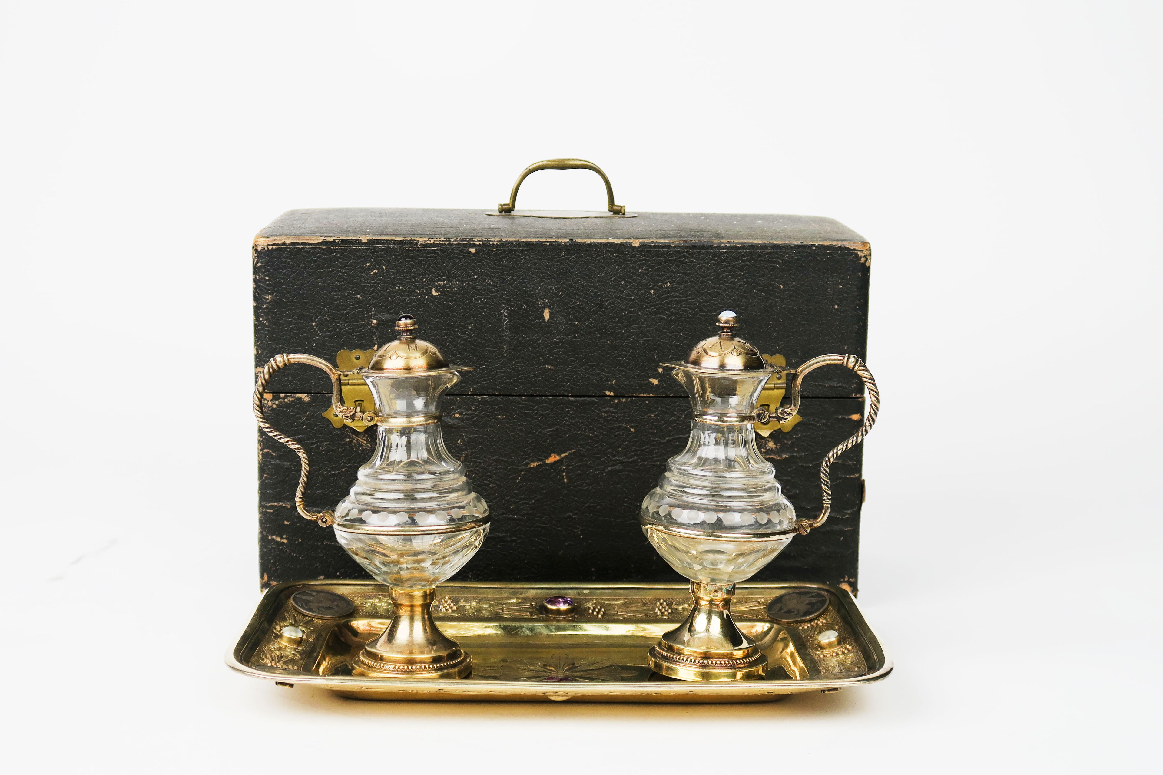 19th C. French Jeweled Hand Engraved Gilt Silver Cruet Set