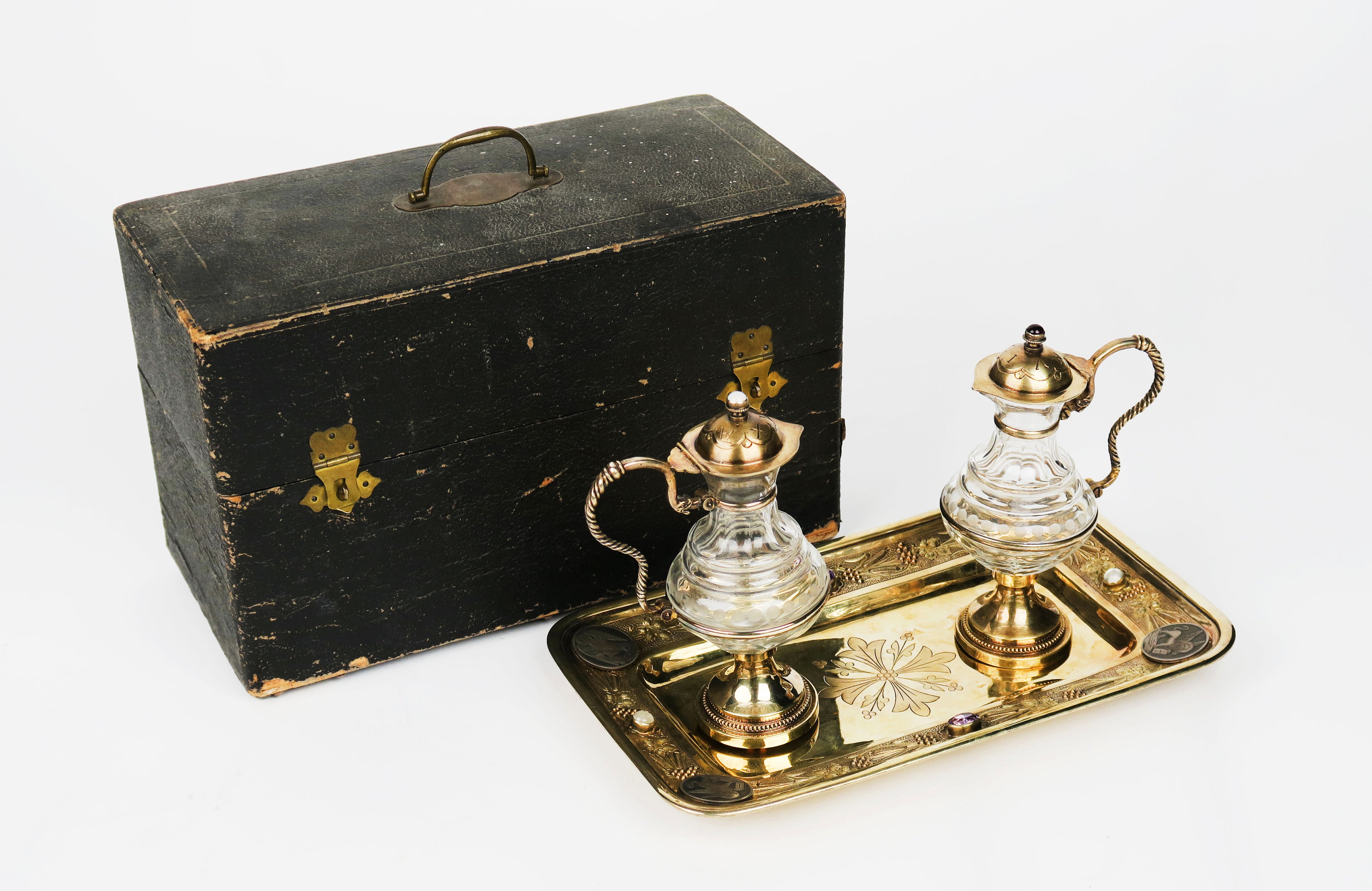 19th C. French Jeweled Hand Engraved Gilt Silver Cruet Set
