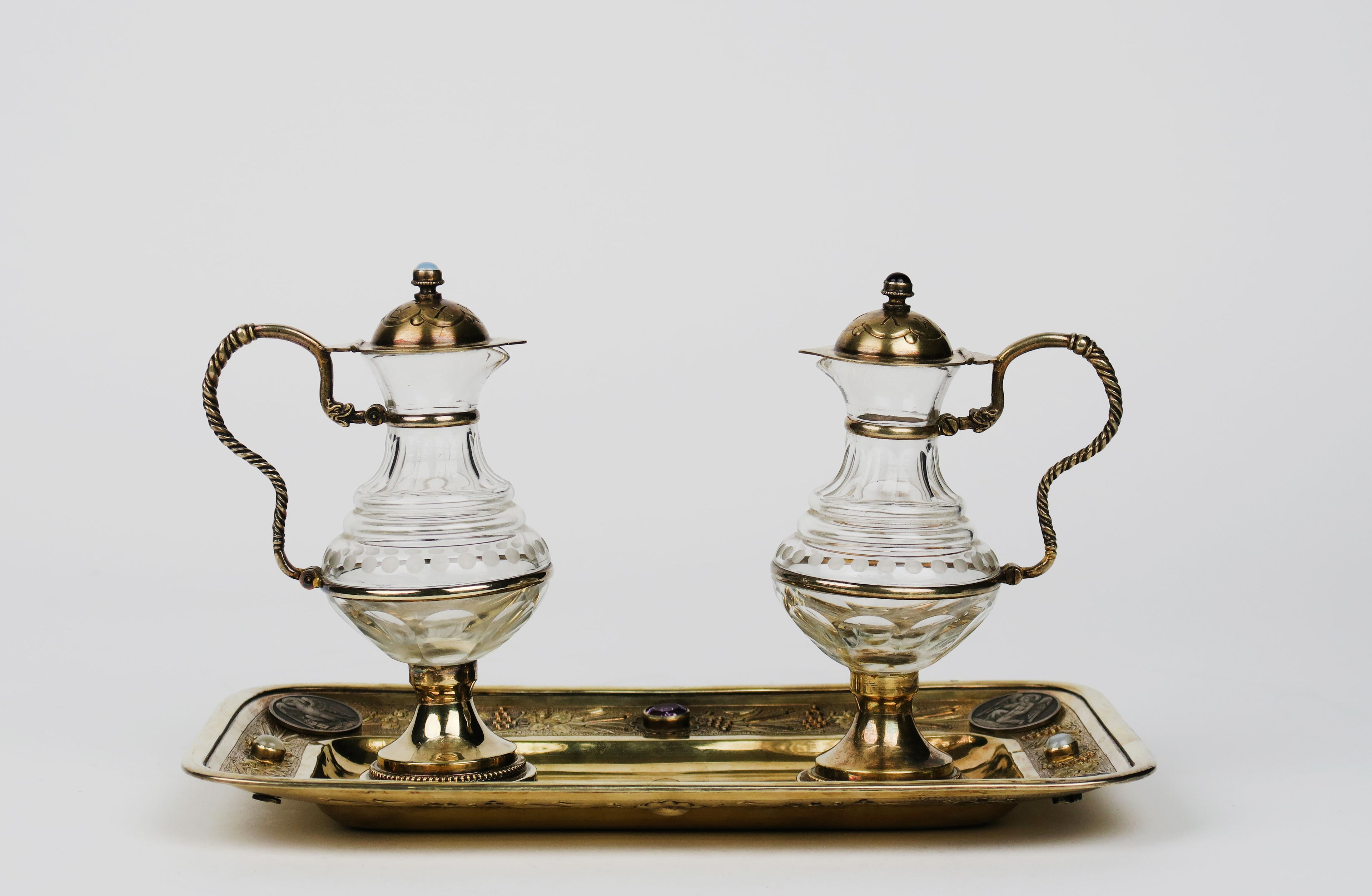 19th C. French Jeweled Hand Engraved Gilt Silver Cruet Set