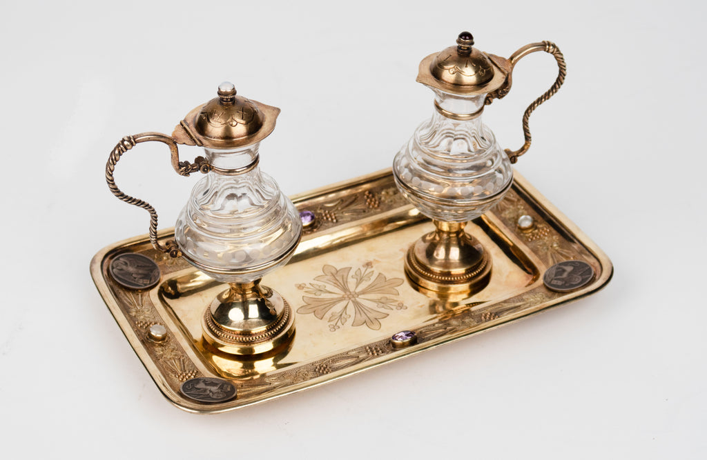 19th C. French Jeweled Hand Engraved Gilt Silver Cruet Set