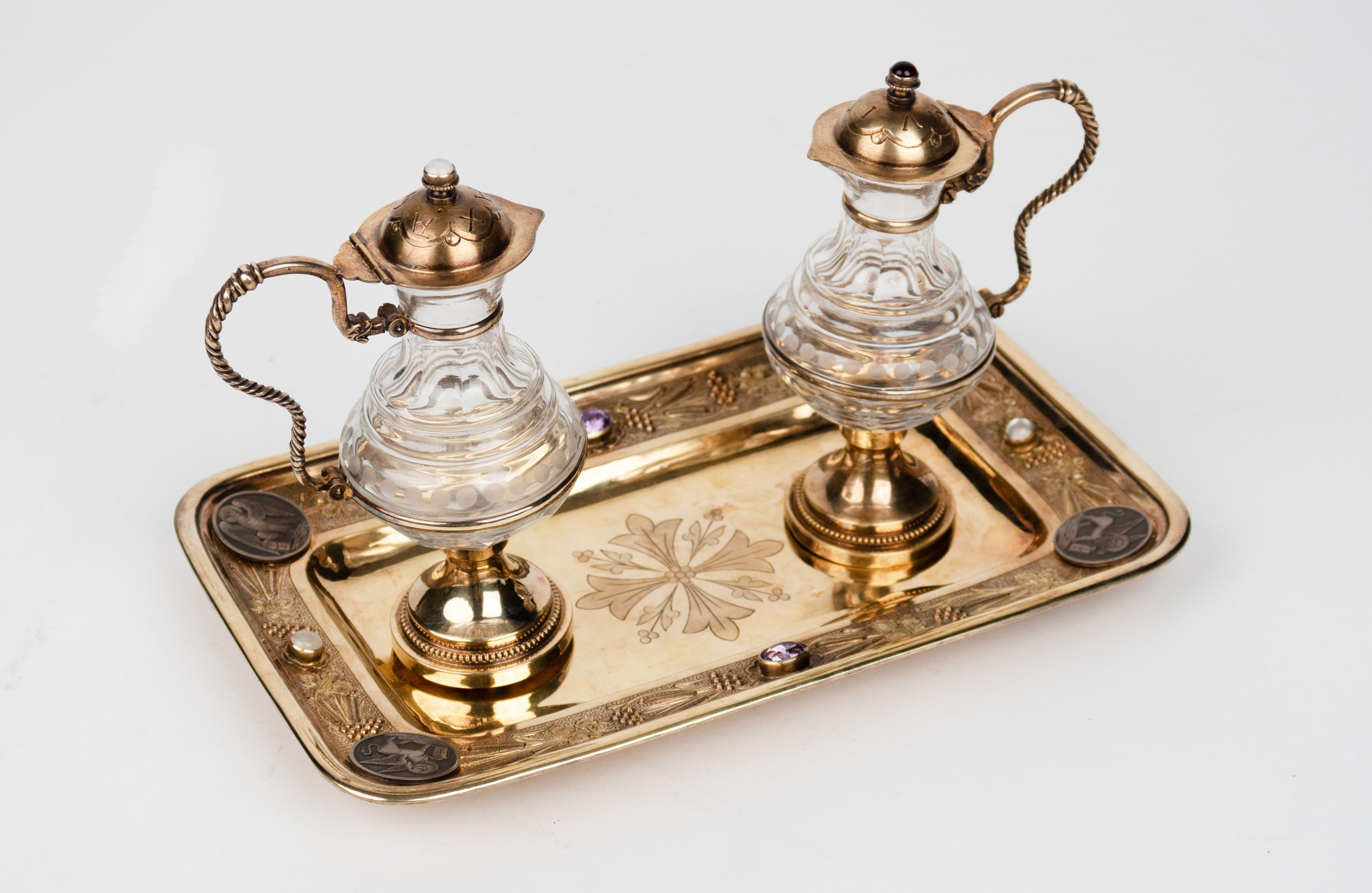 19th C. French Jeweled Hand Engraved Gilt Silver Cruet Set