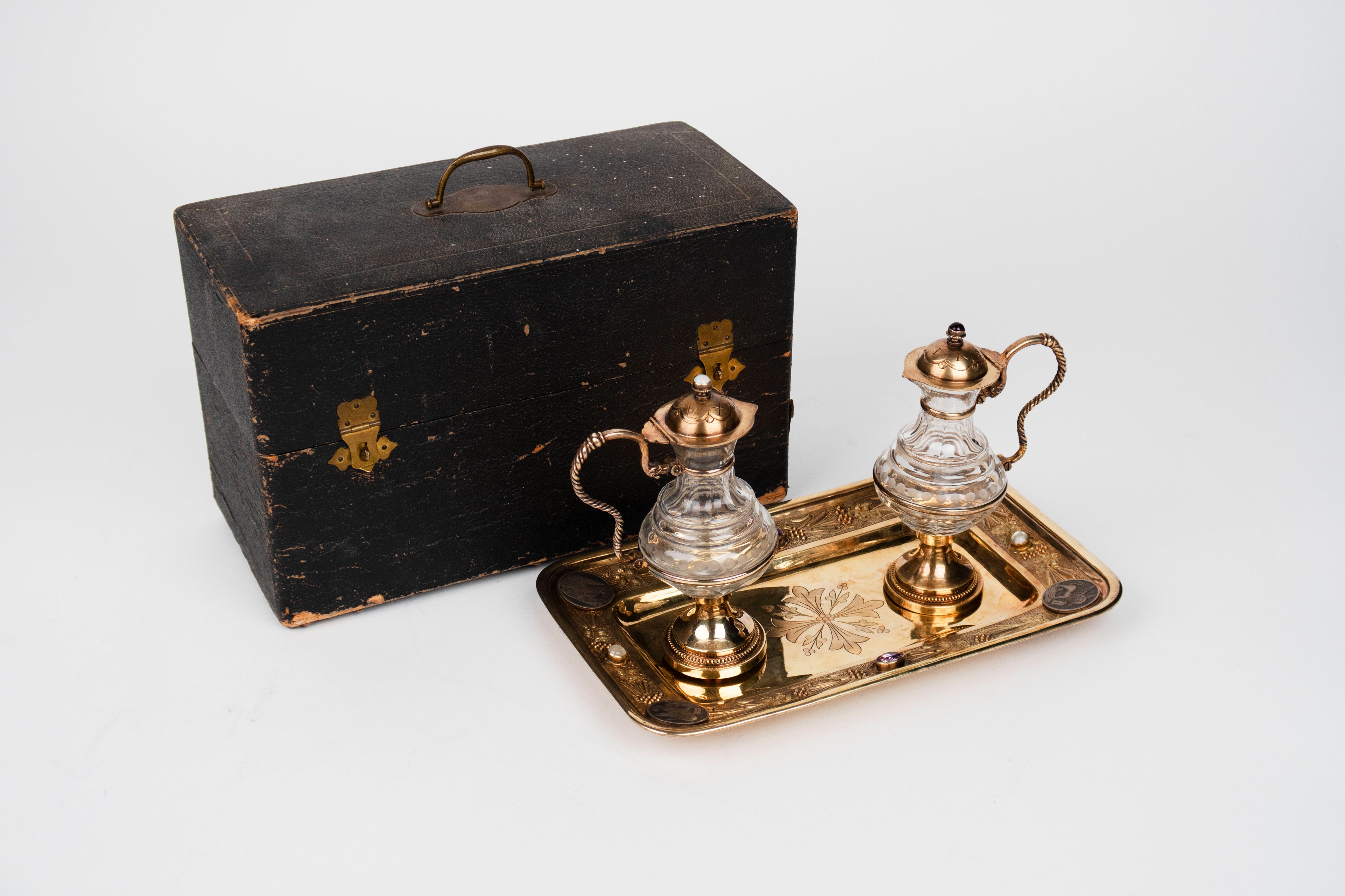 19th C. French Jeweled Hand Engraved Gilt Silver Cruet Set