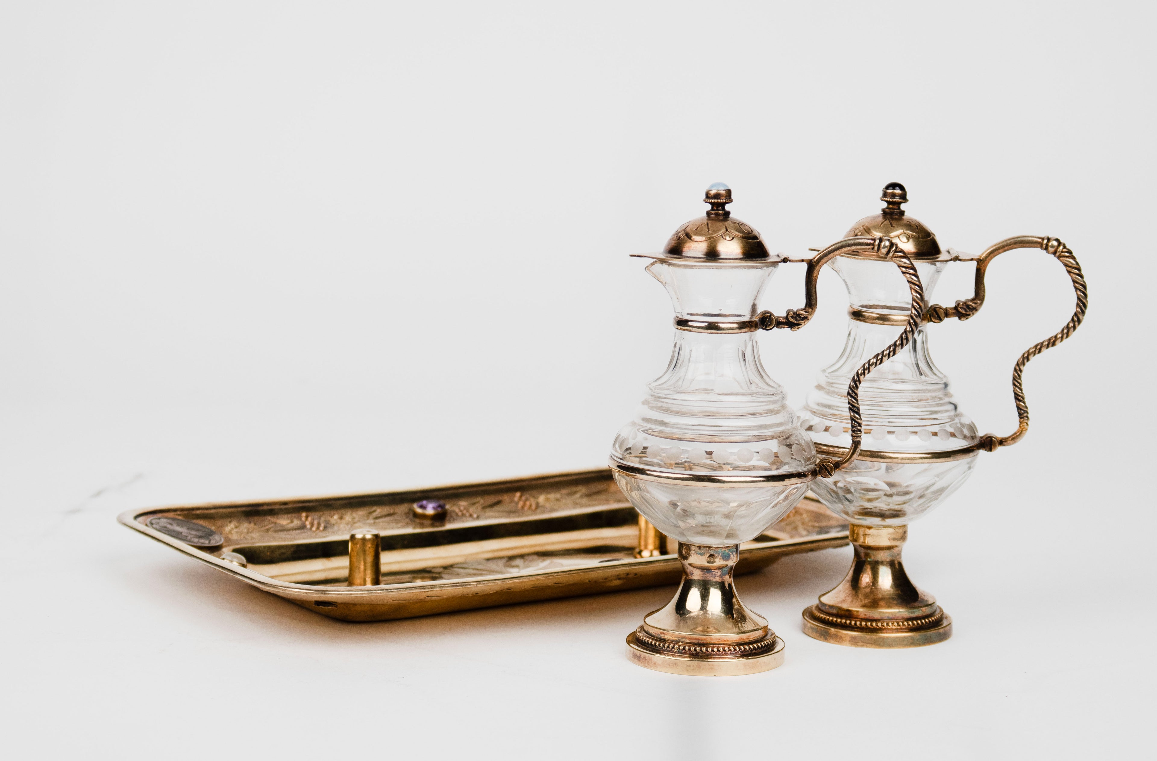 19th C. French Jeweled Hand Engraved Gilt Silver Cruet Set