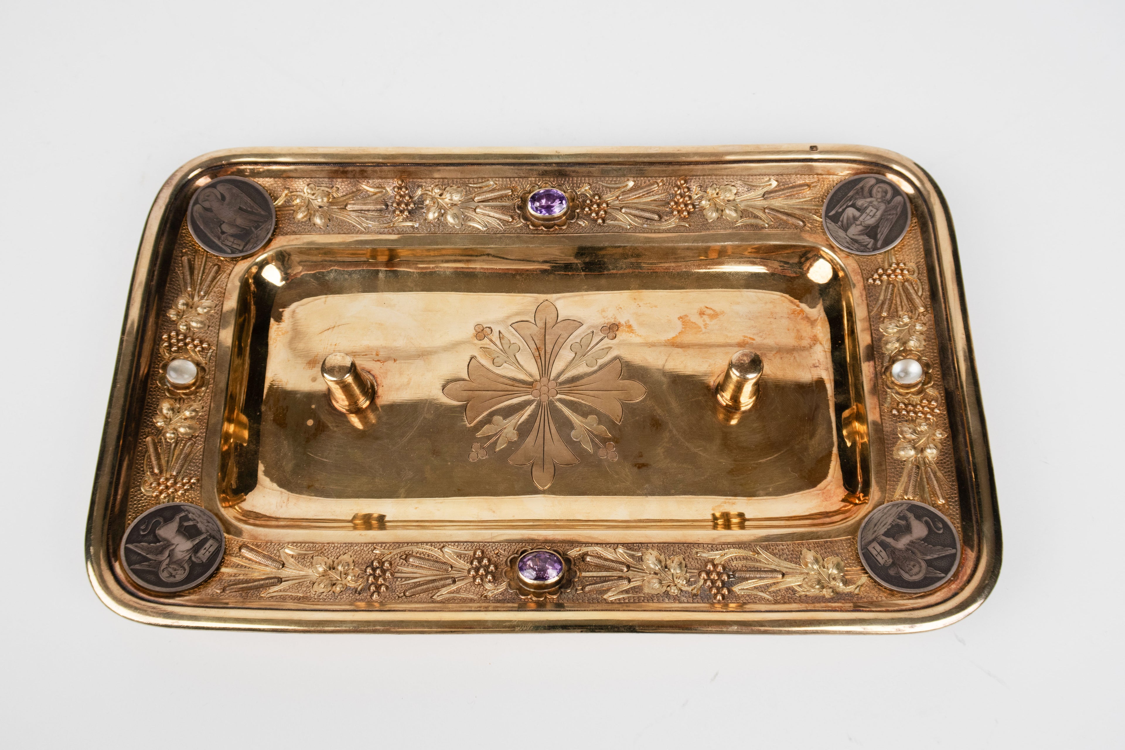 19th C. French Jeweled Hand Engraved Gilt Silver Cruet Set