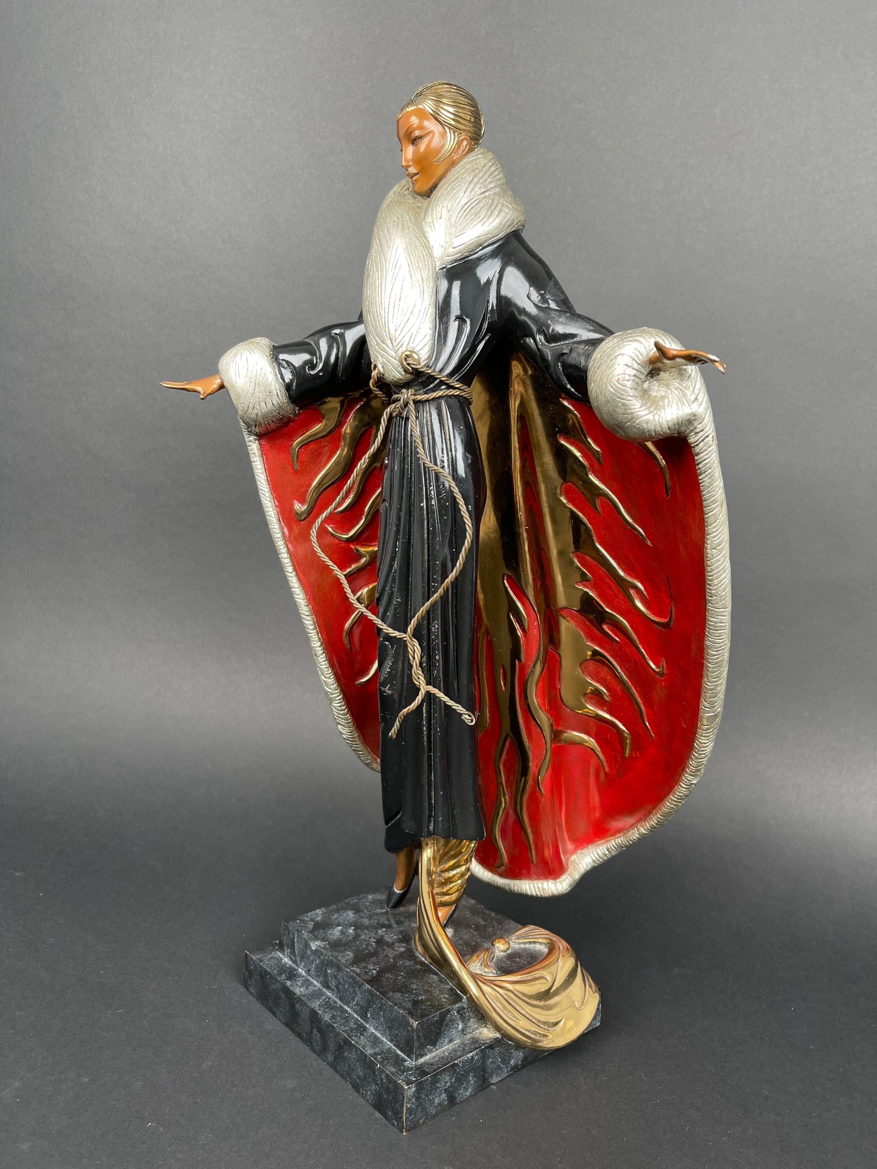 Authentic Limited Edition Enameled Bronze Sculpture Of A Standing Lady By Erte