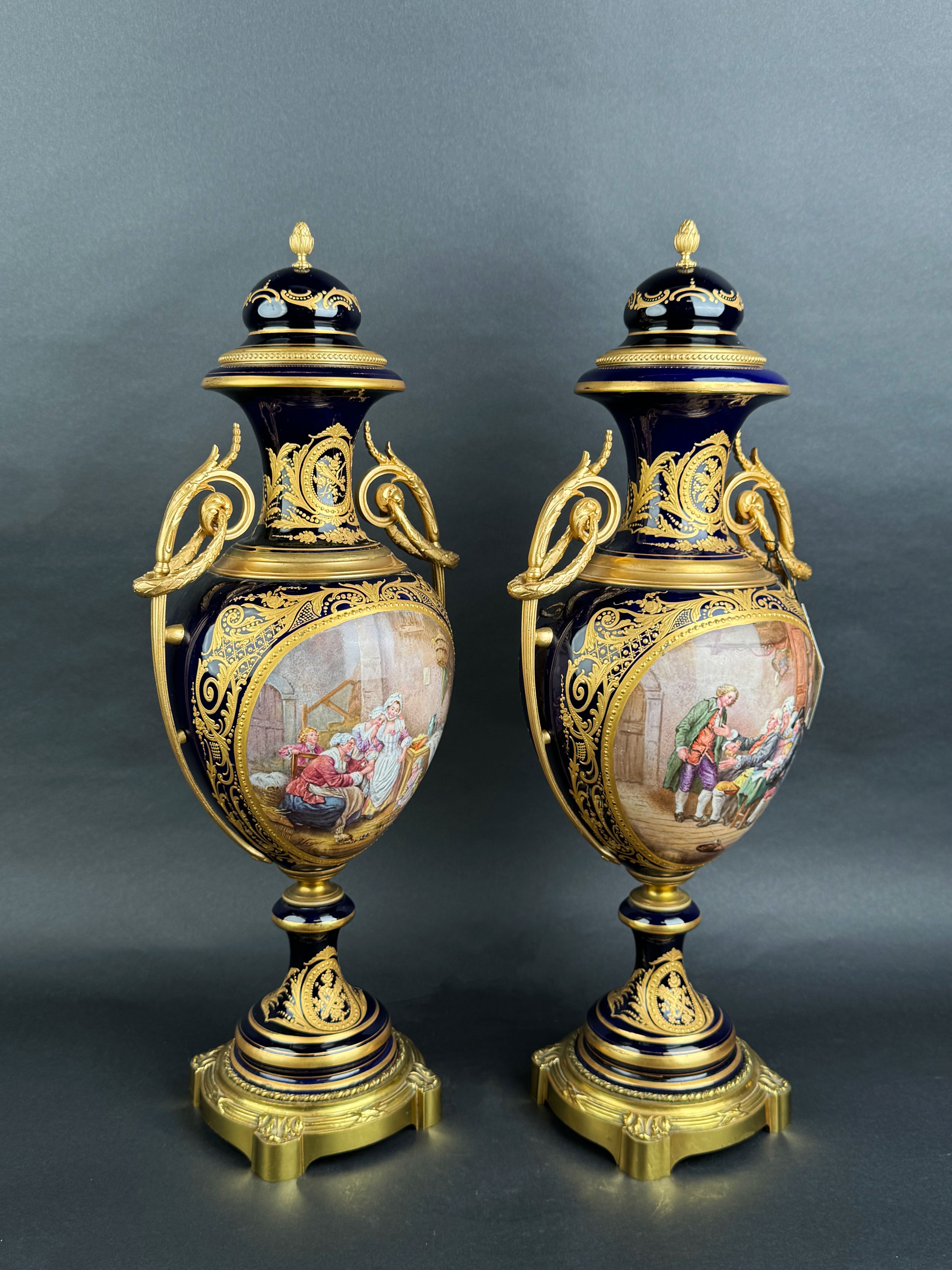 Pair Of Sevres Ormolu Mounted Cobalt Ground Porcelain Vases