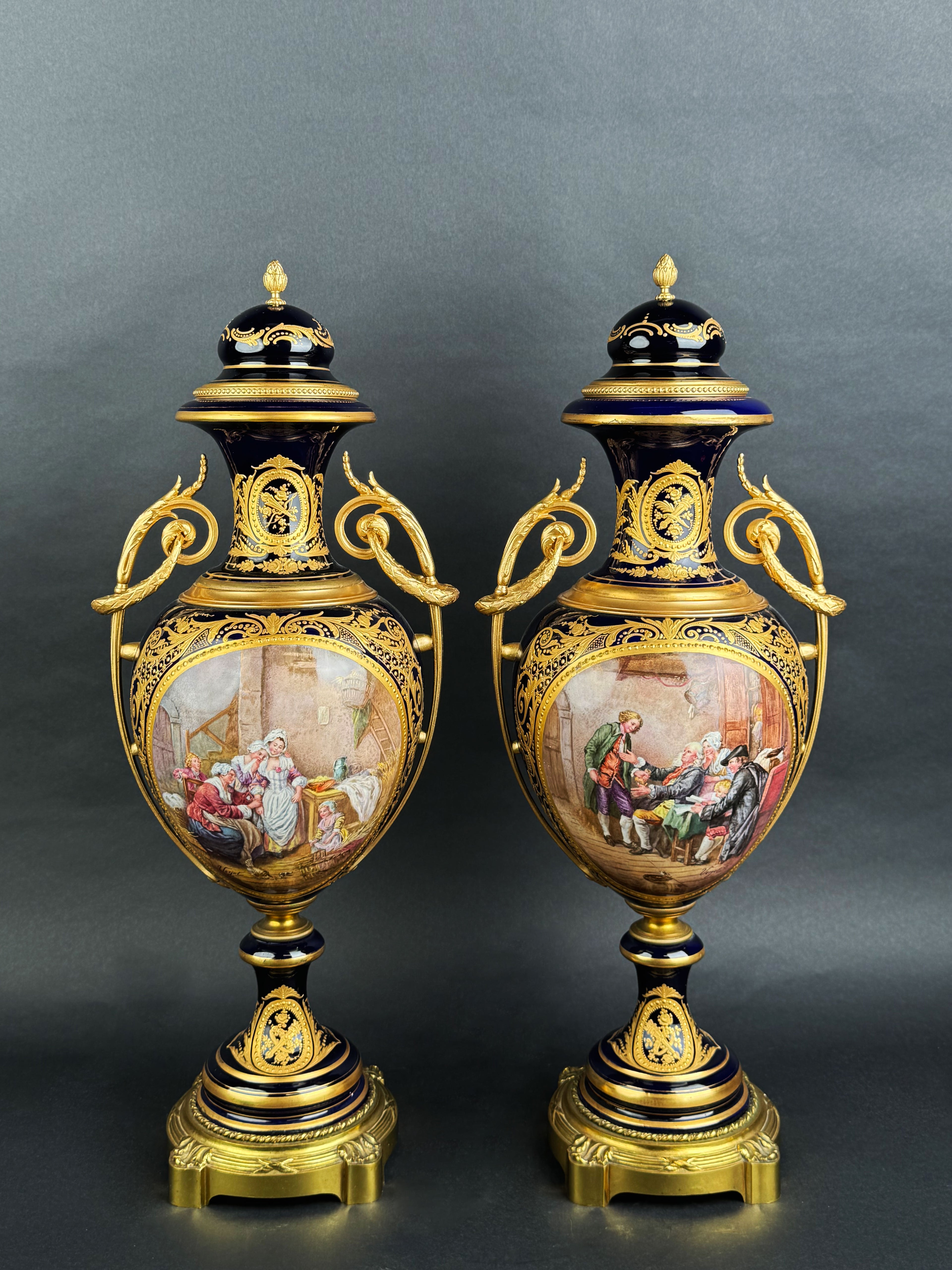 Pair Of Sevres Ormolu Mounted Cobalt Ground Porcelain Vases