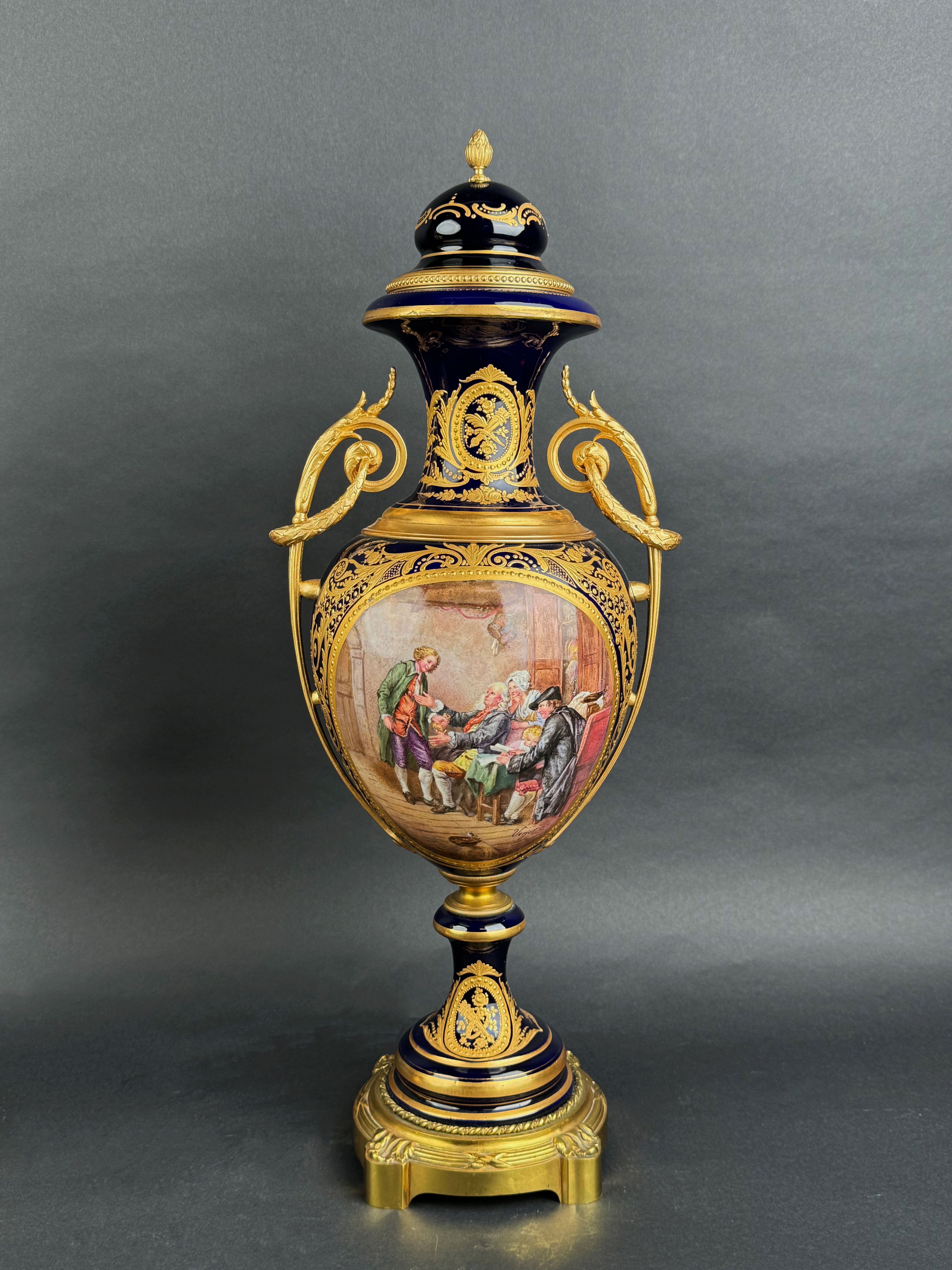 Pair Of Sevres Ormolu Mounted Cobalt Ground Porcelain Vases