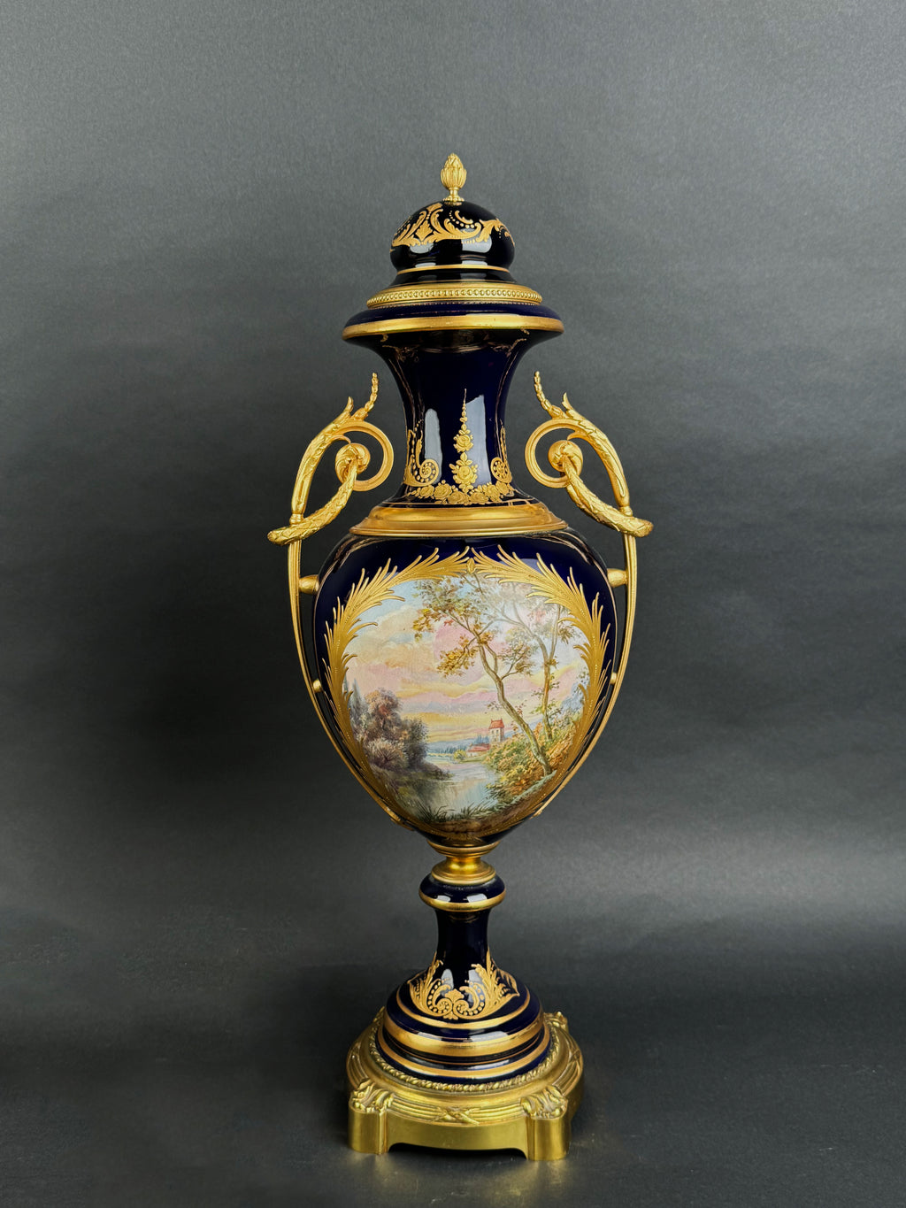 Pair Of Sevres Ormolu Mounted Cobalt Ground Porcelain Vases