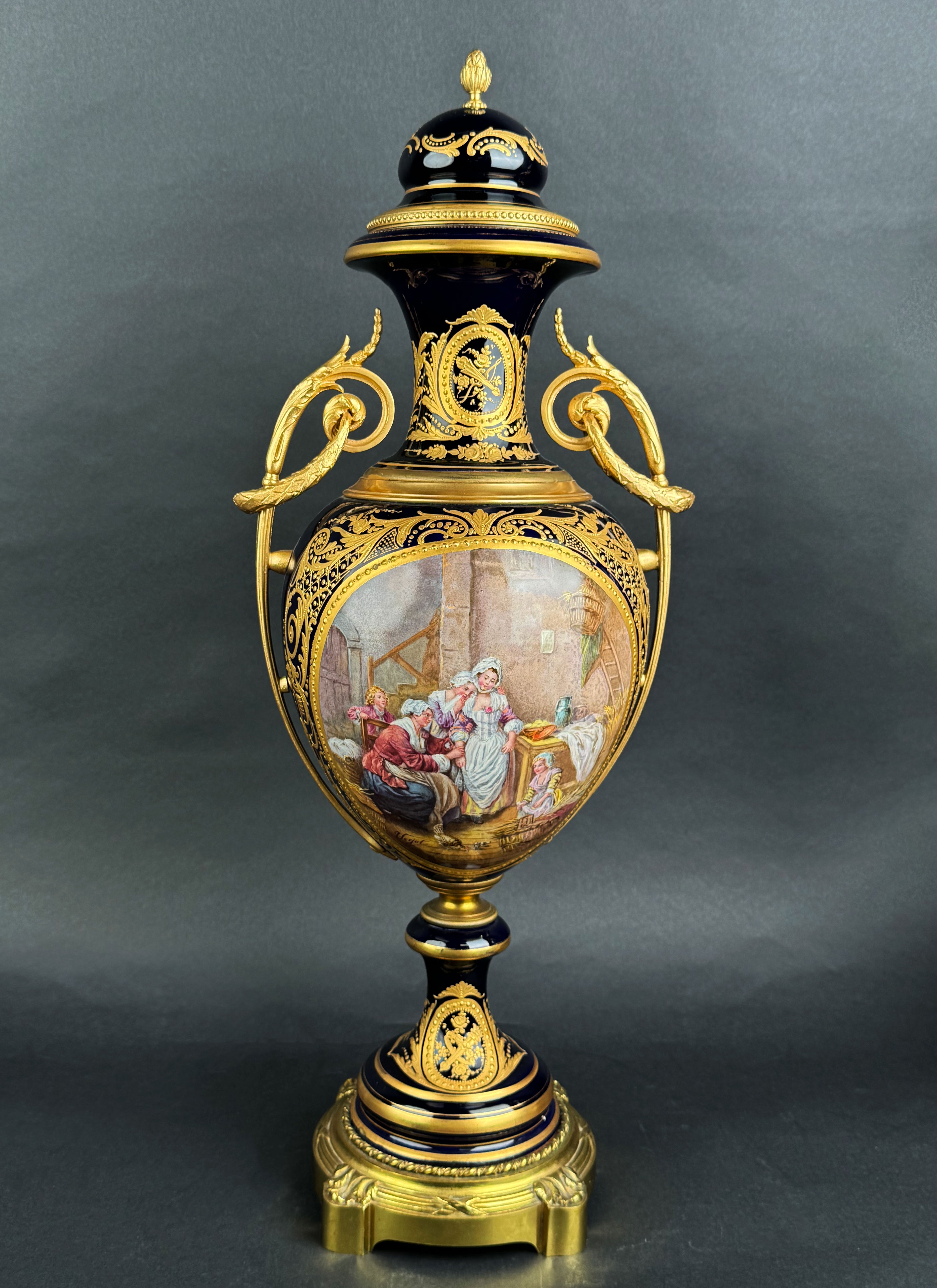 Pair Of Sevres Ormolu Mounted Cobalt Ground Porcelain Vases