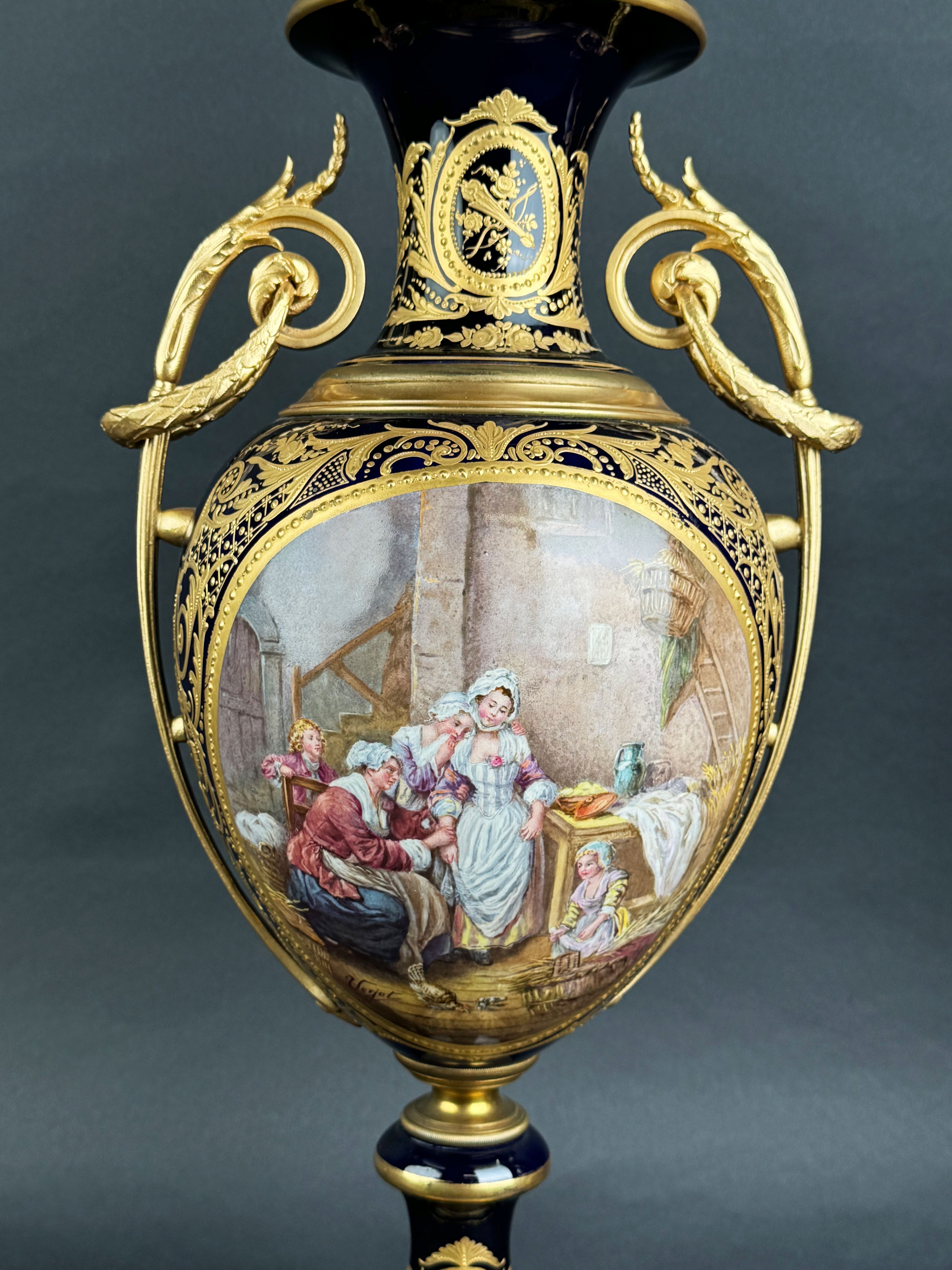 Pair Of Sevres Ormolu Mounted Cobalt Ground Porcelain Vases