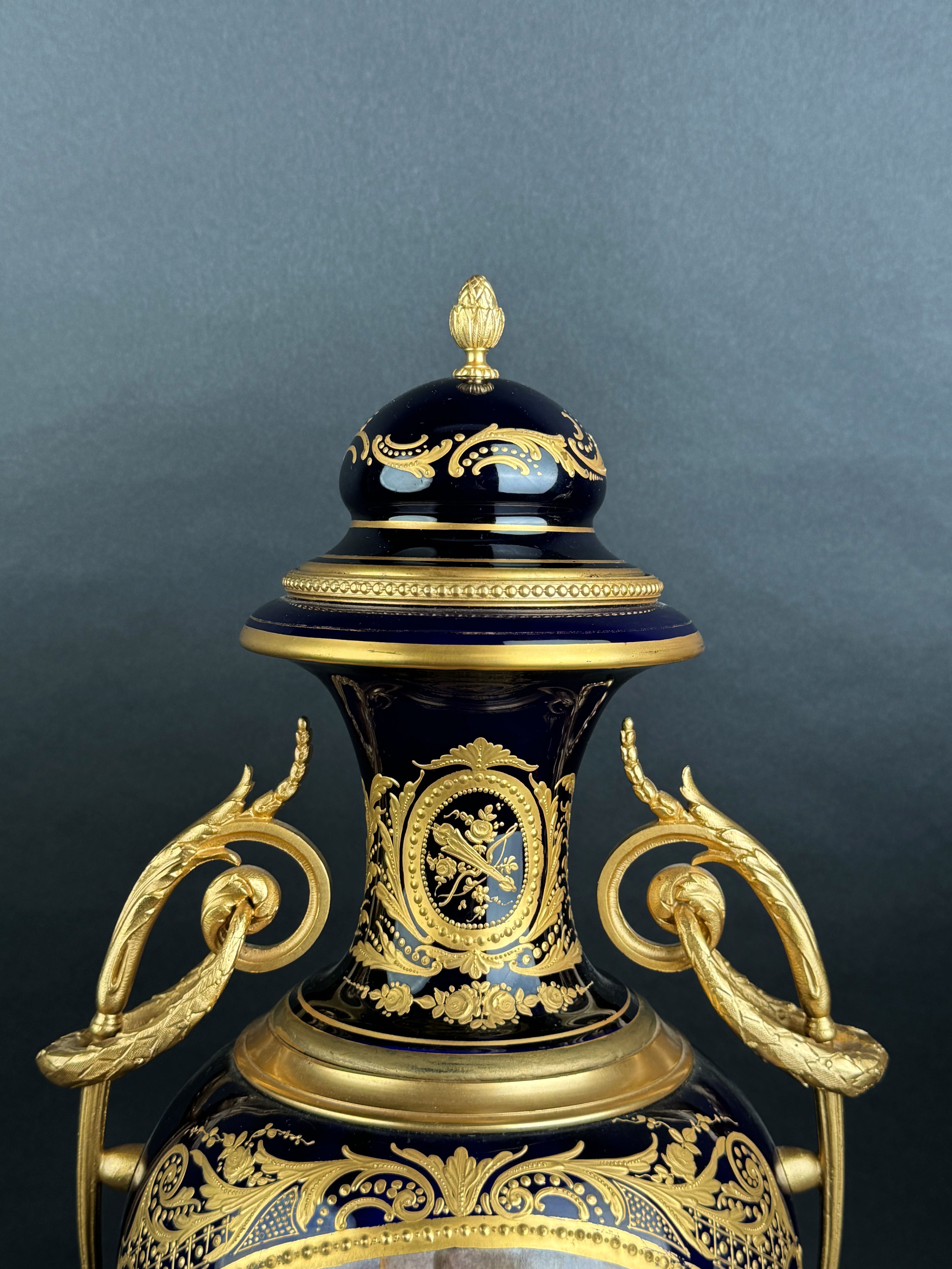 Pair Of Sevres Ormolu Mounted Cobalt Ground Porcelain Vases