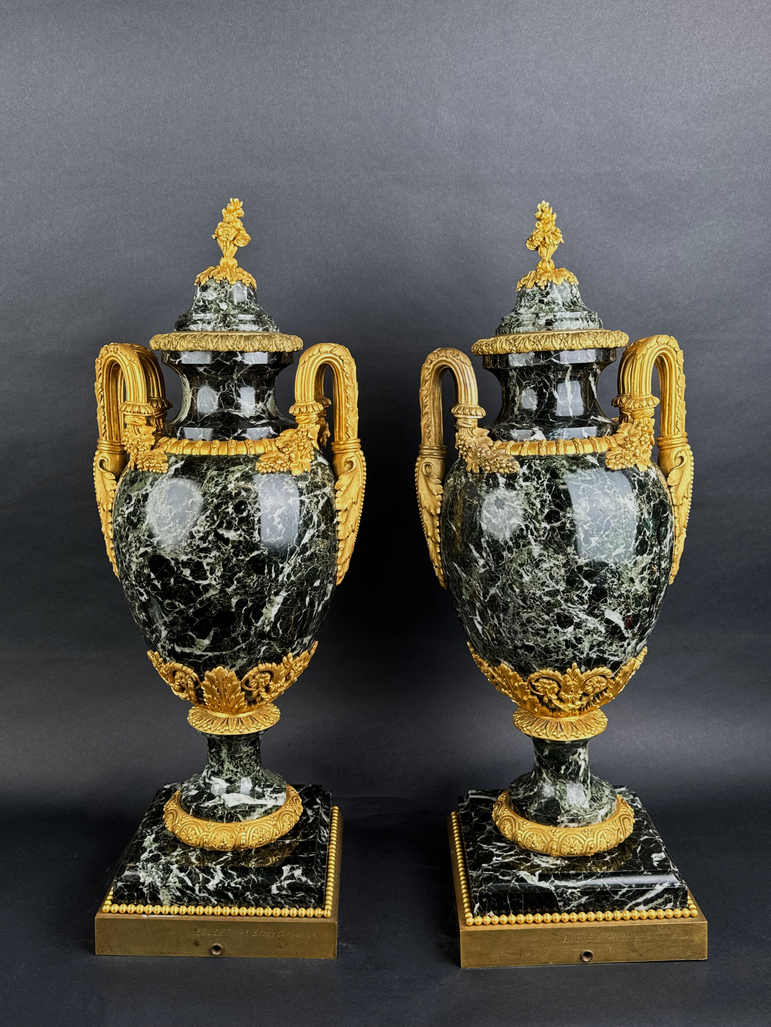 Large Pair Of 19th C. Ormolu Mounted Verde Antico Marble Vases