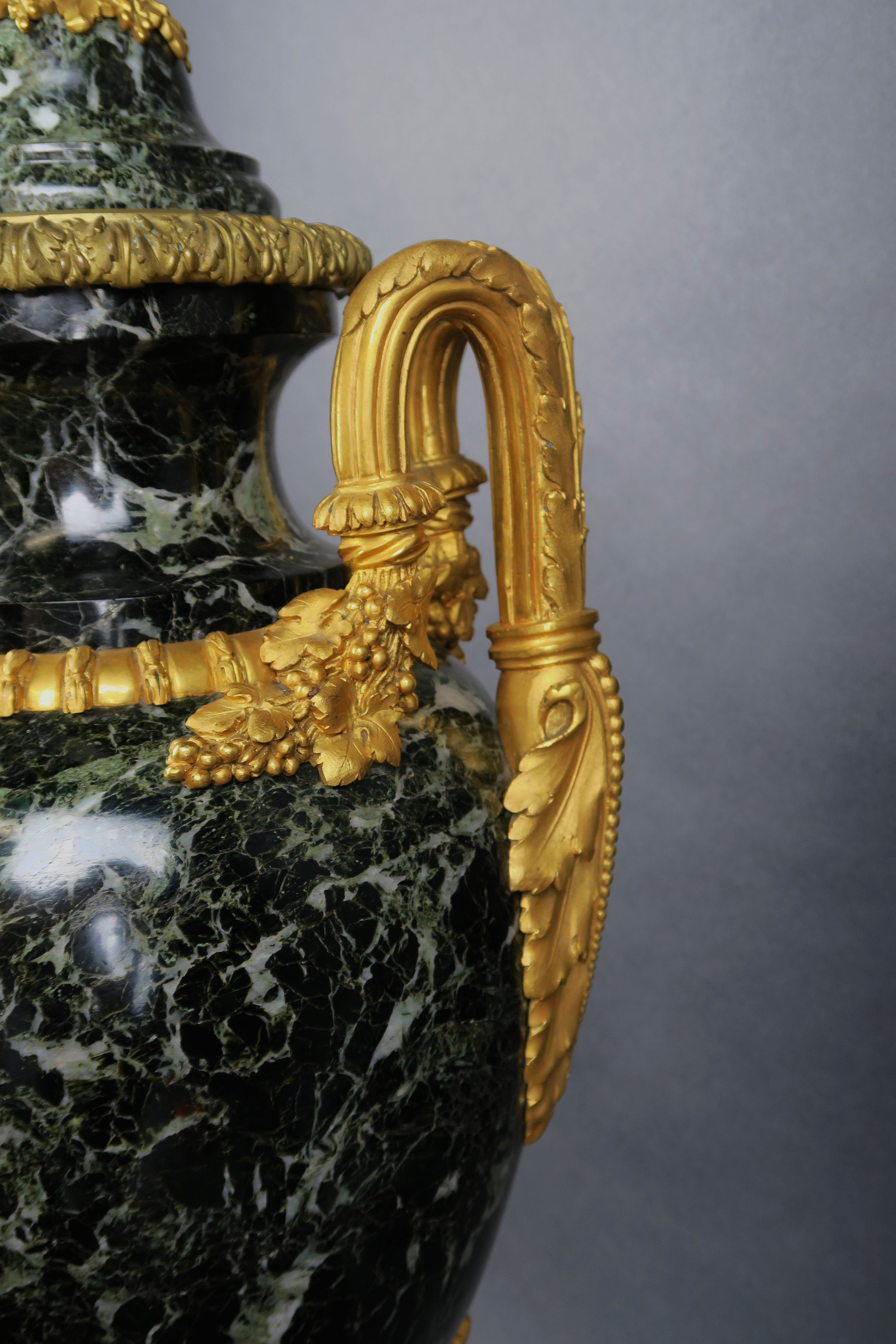 Large Pair Of 19th C. Ormolu Mounted Verde Antico Marble Vases