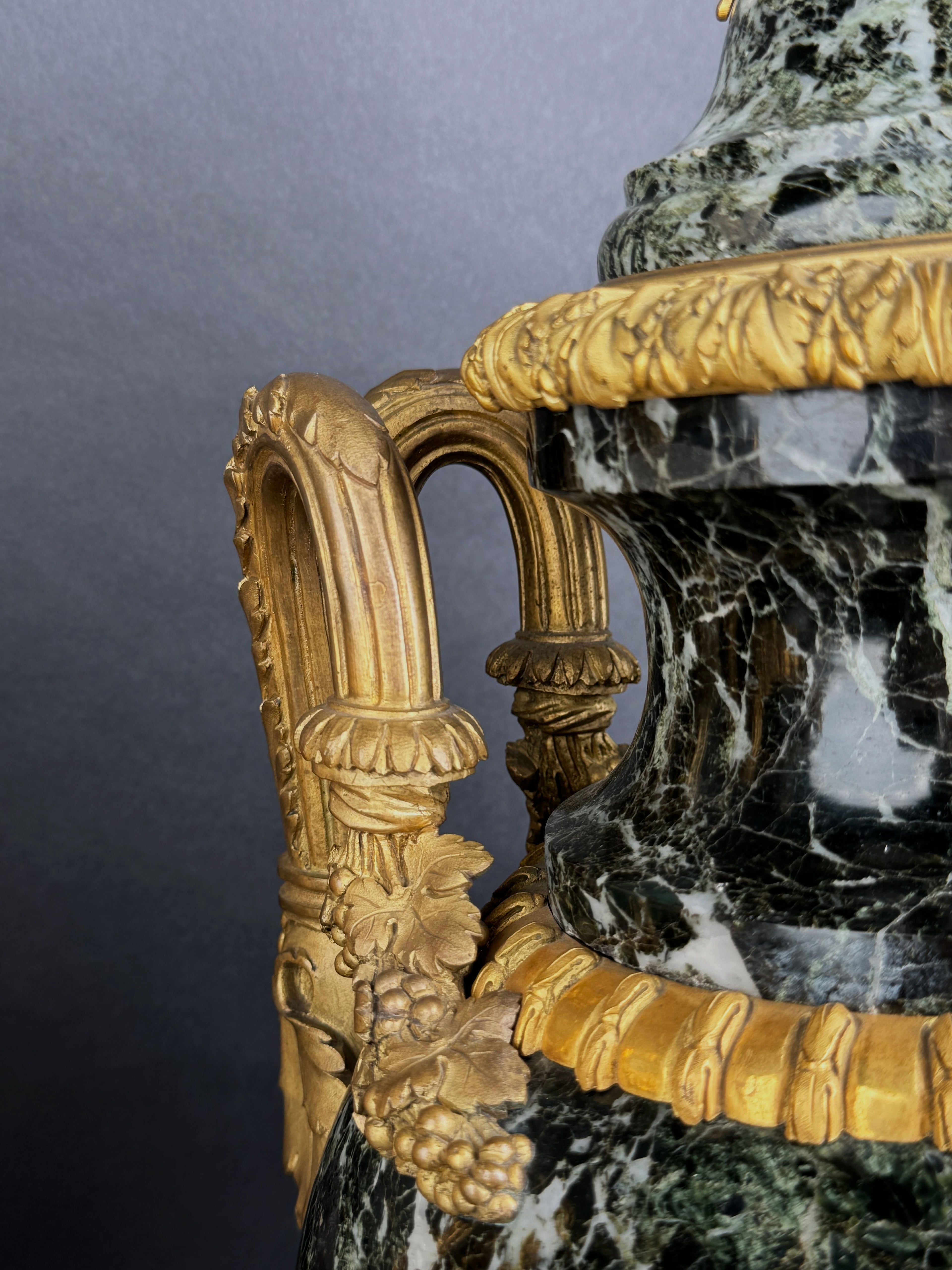 Large Pair Of 19th C. Ormolu Mounted Verde Antico Marble Vases