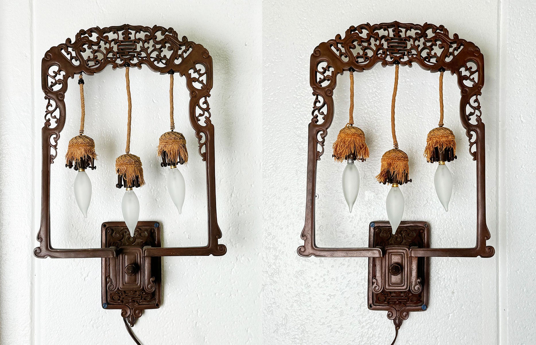 A Pair Of 19th Century French Chinoiserie Patinated Bronze Sconces