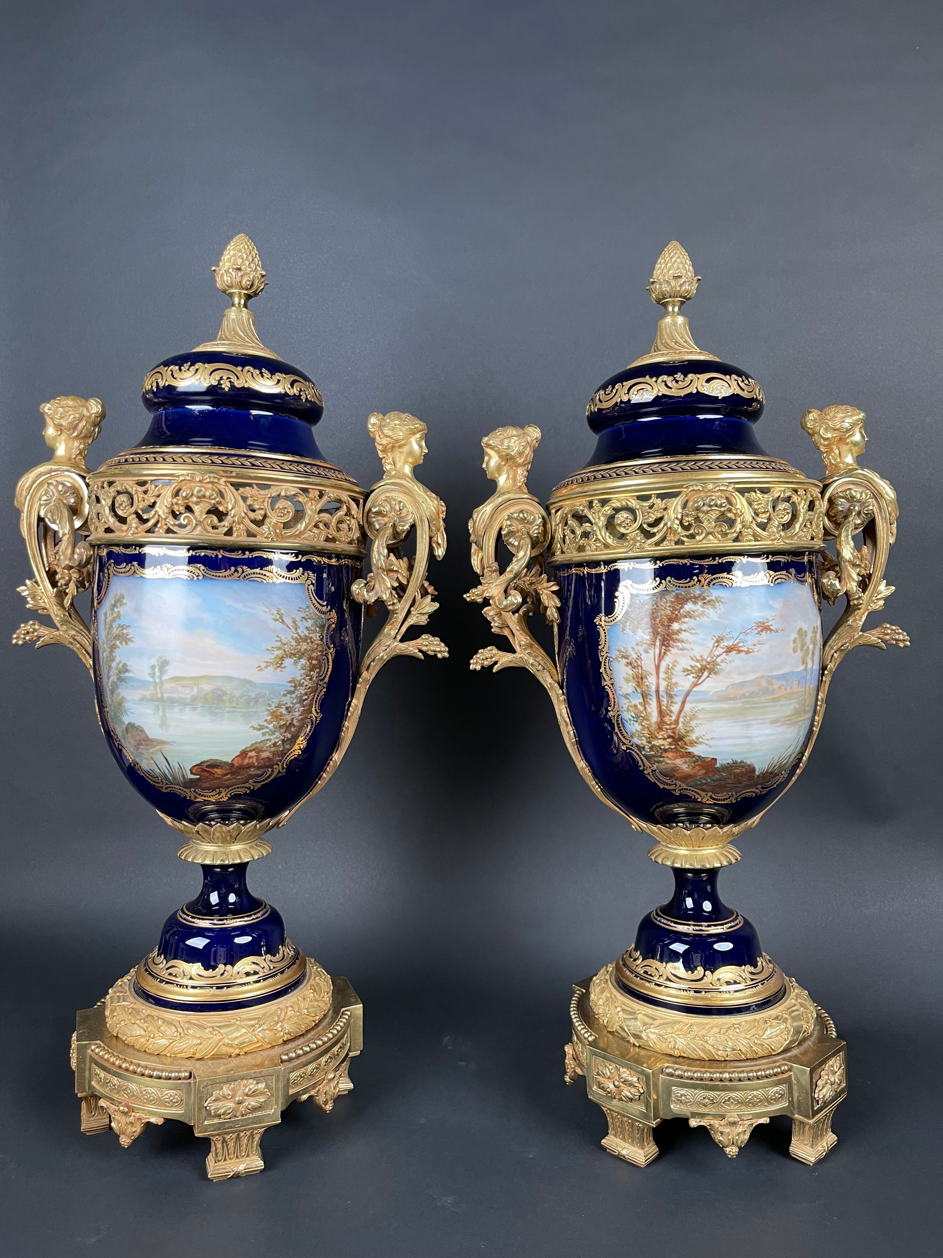 19th Century Pair Of French Ormolu Sevres Porcelain Urns