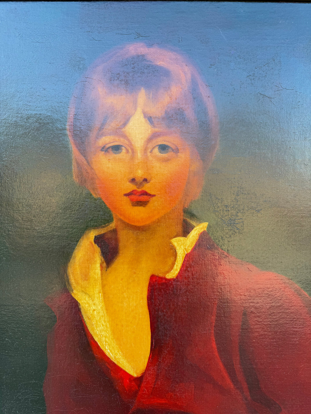 19th century Large Oil On Canvas Painting Of A Young Boy