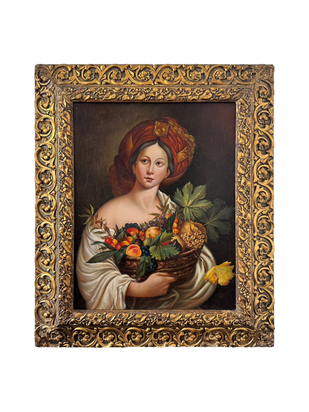 18th Century Oil On Copper Painting Of A Woman Holding A Fruit's Basket