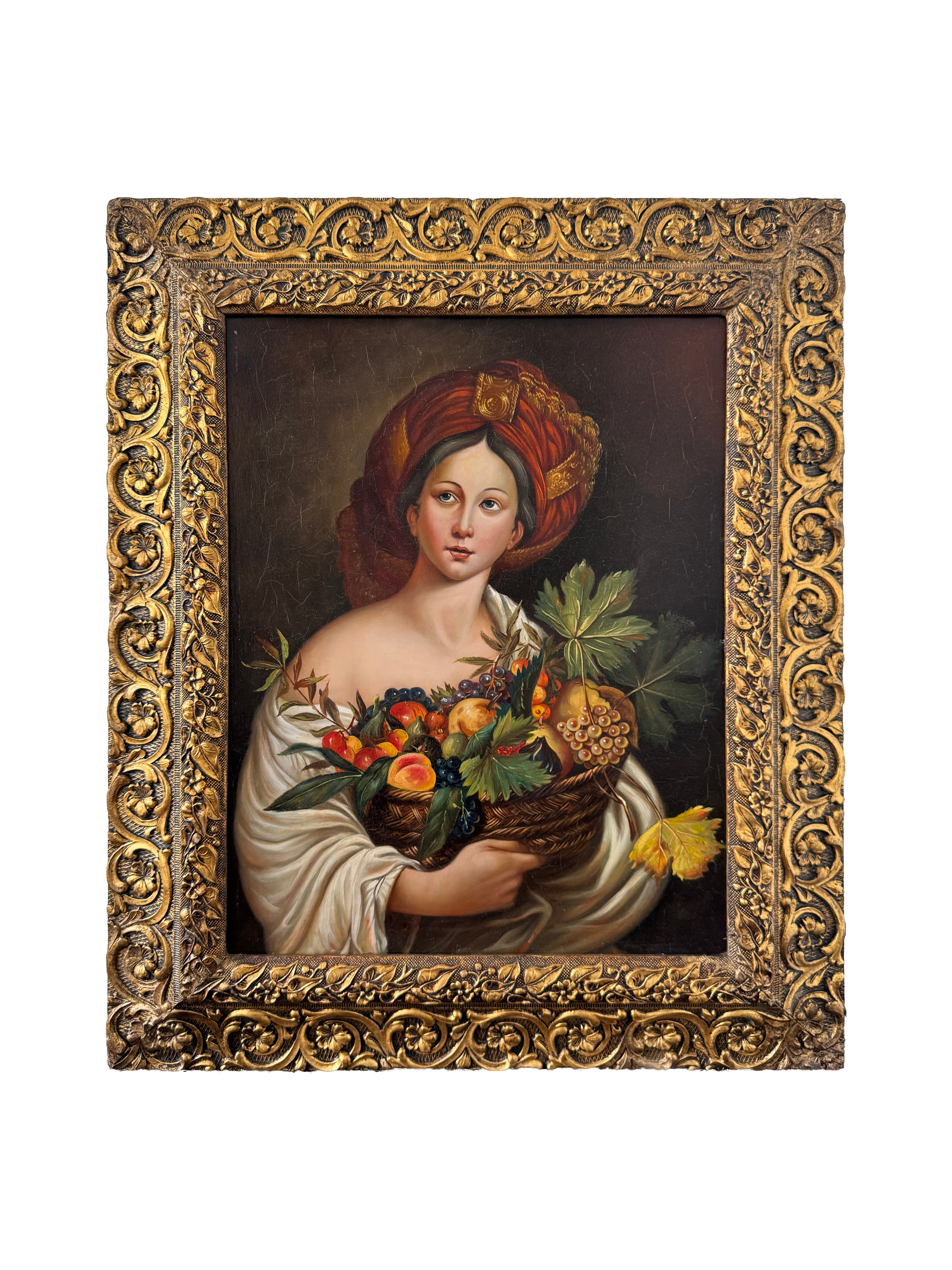 18th Century Oil On Copper Painting Of A Woman Holding A Fruit's Basket