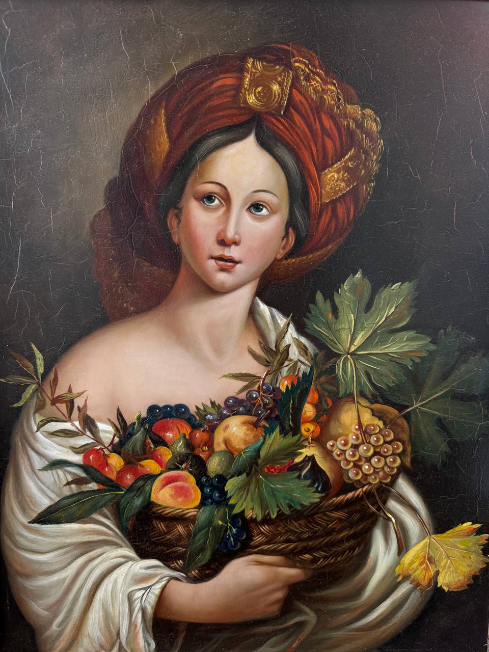 18th Century Oil On Copper Painting Of A Woman Holding A Fruit's Basket