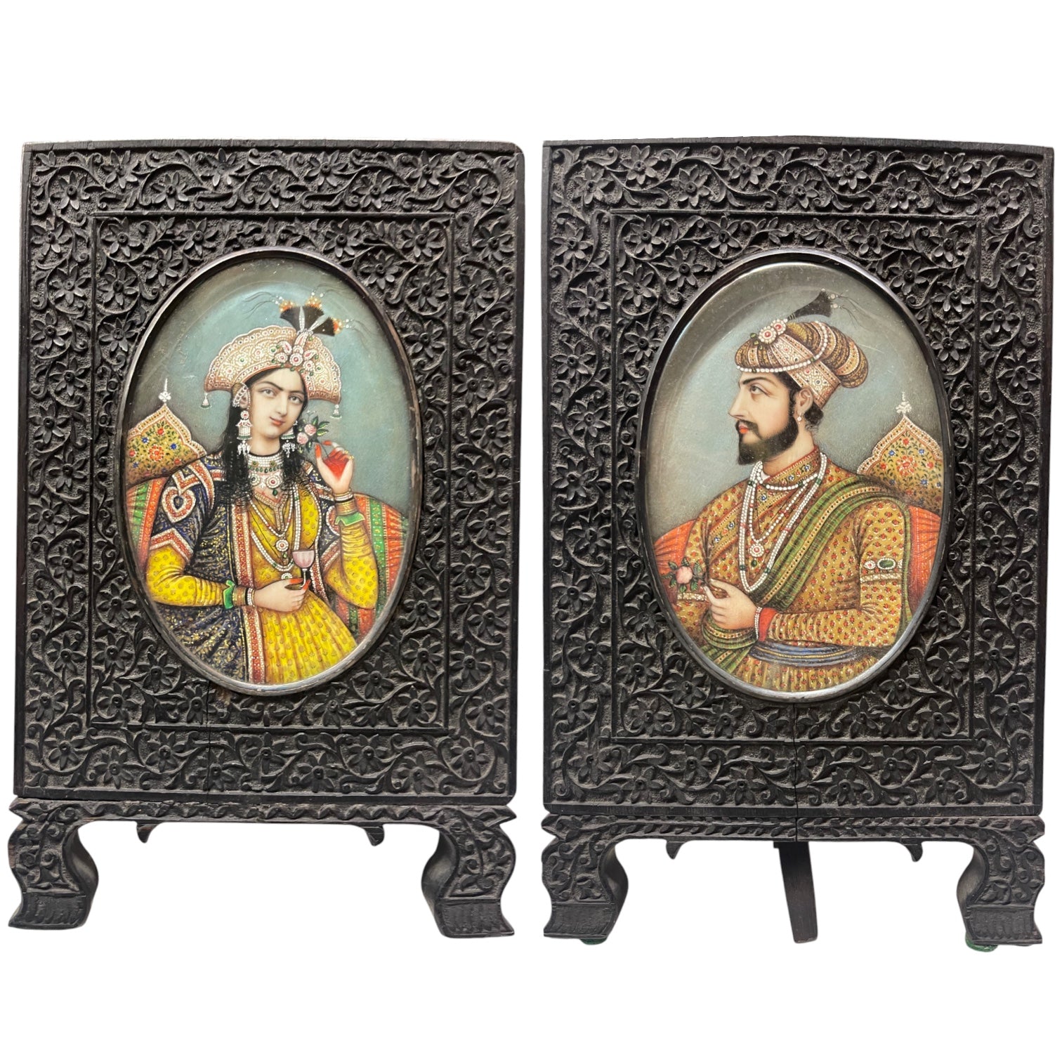 An Indian School, Pair of 19th Century Portraits of Shah Jahan and Mumtaz Mahal