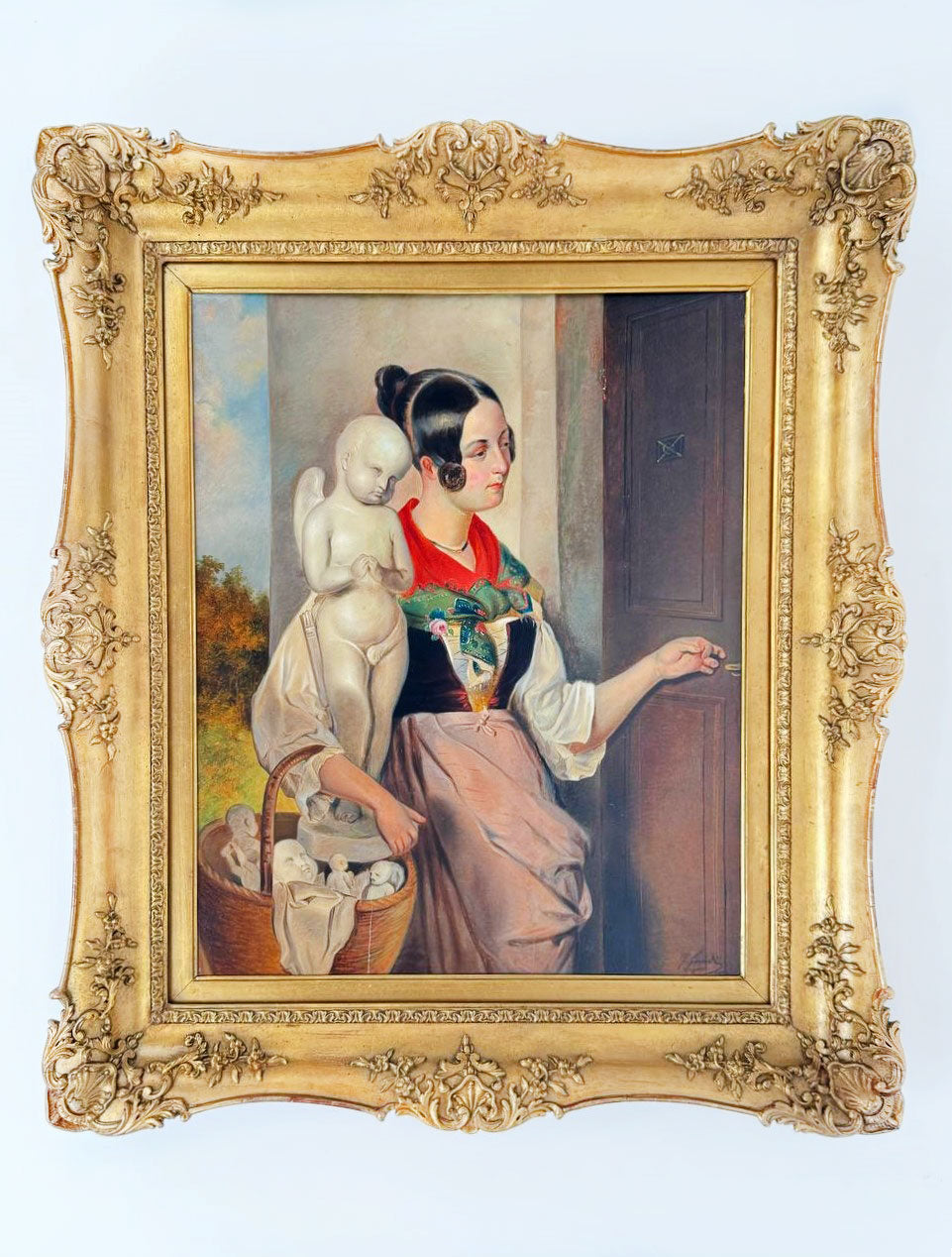 An Oil on Board Painting Depicting a Lady Selling Sculptures, Italy, 19th Centur