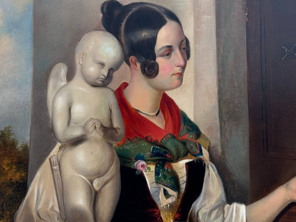 An Oil on Board Painting Depicting a Lady Selling Sculptures, Italy, 19th Centur