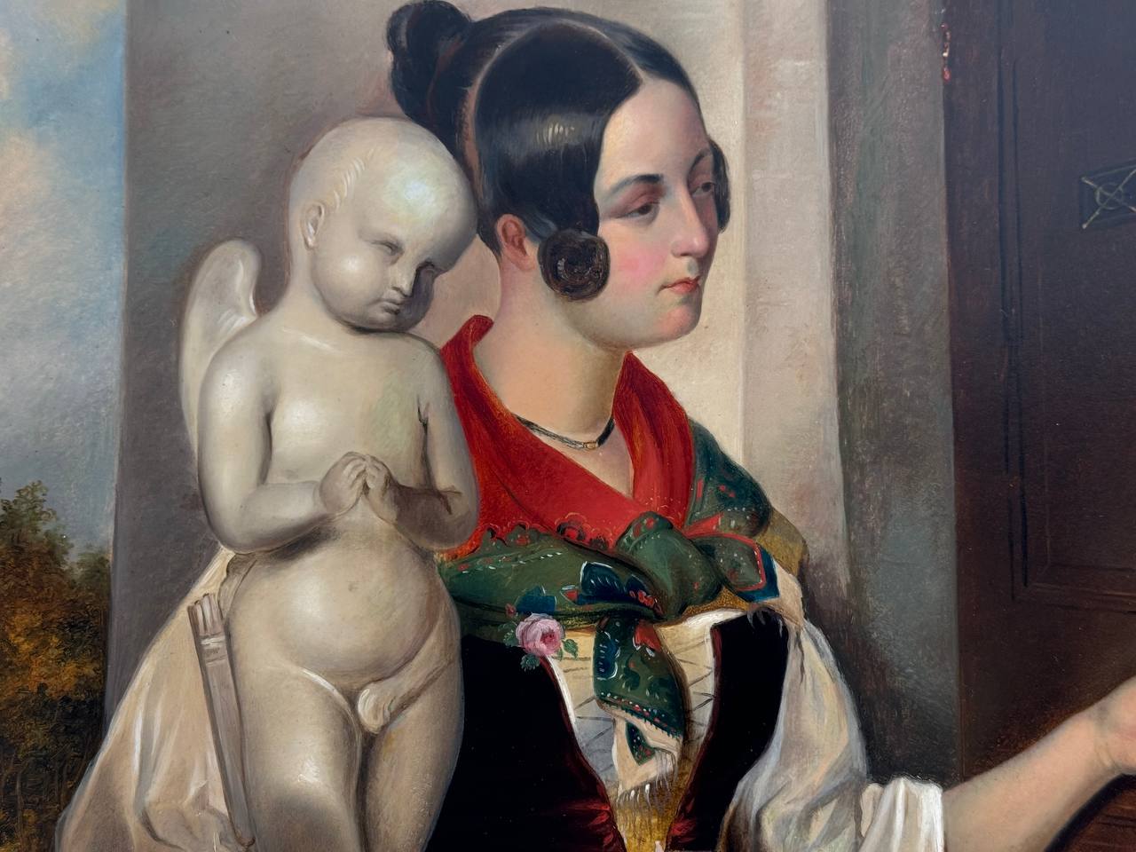 An Oil on Board Painting Depicting a Lady Selling Sculptures, Italy, 19th Centur