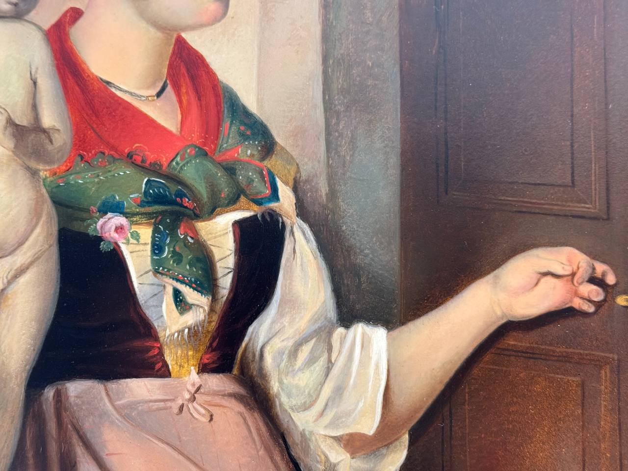 An Oil on Board Painting Depicting a Lady Selling Sculptures, Italy, 19th Centur