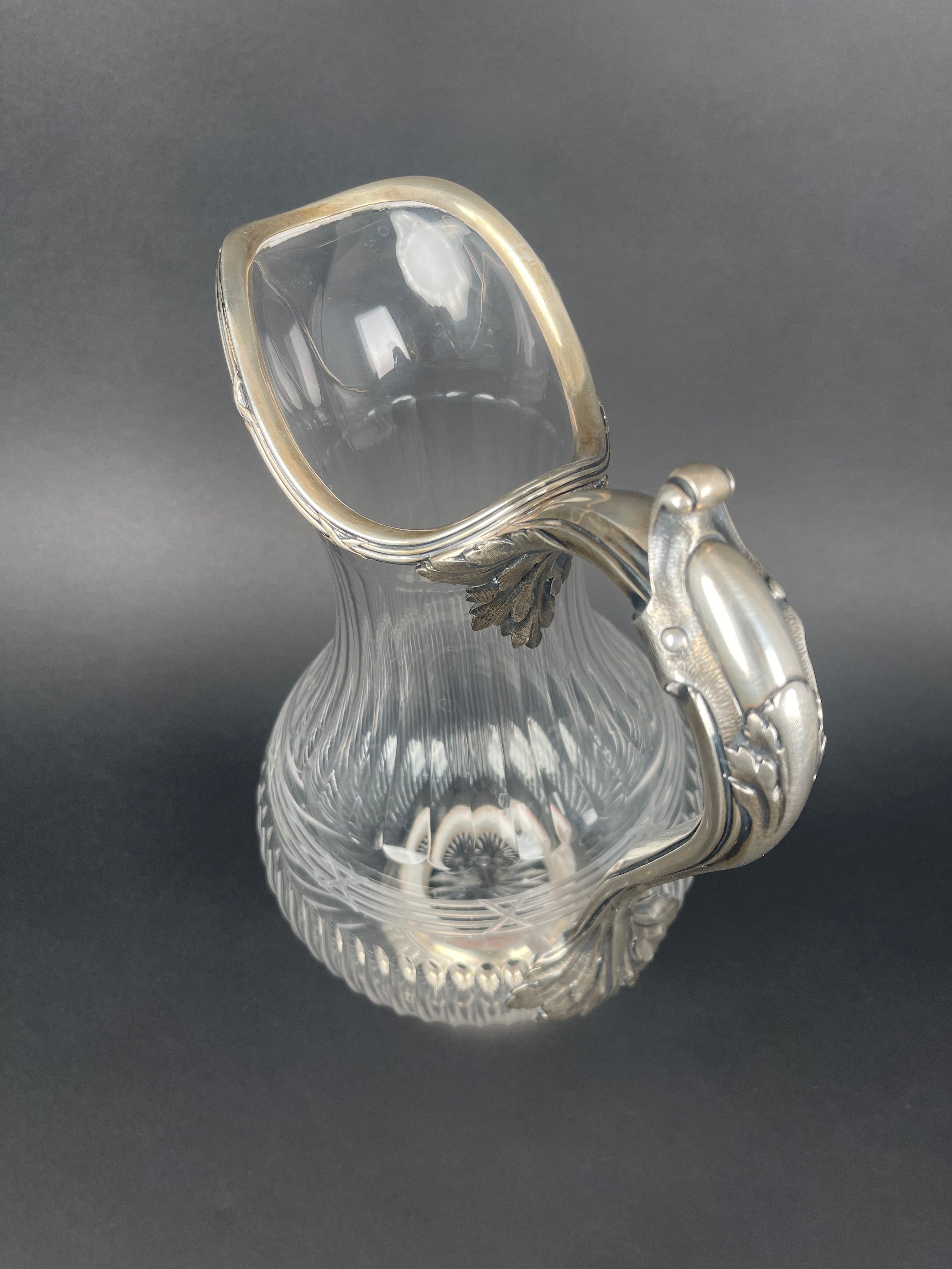 19th Century French Sterling Silver & Crystal Pitcher By Tetard Freres