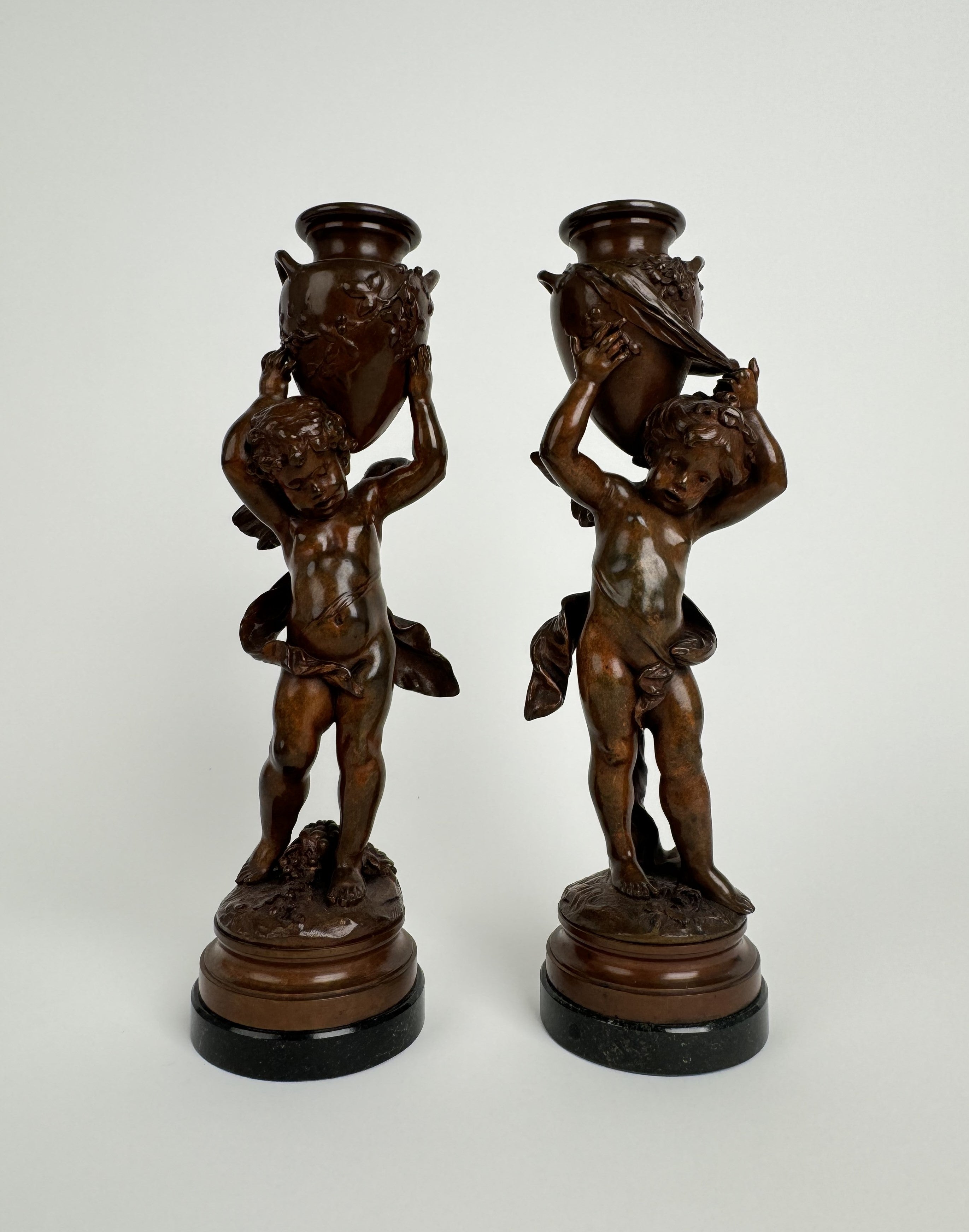 Magnificent Pair Of French Patinated Bronze Candlesticks By Moreau, Circa 1880