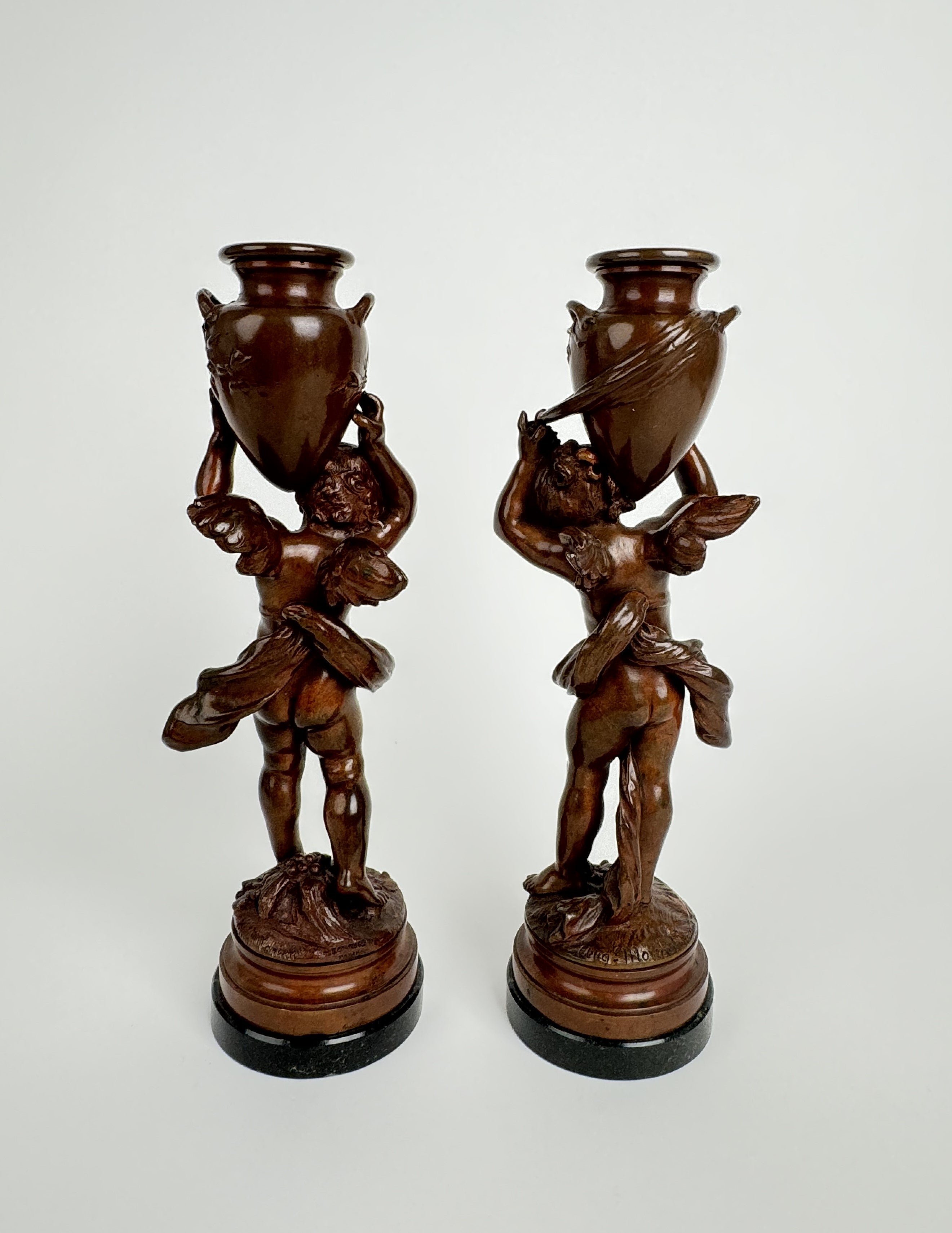 Magnificent Pair Of French Patinated Bronze Candlesticks By Moreau, Circa 1880