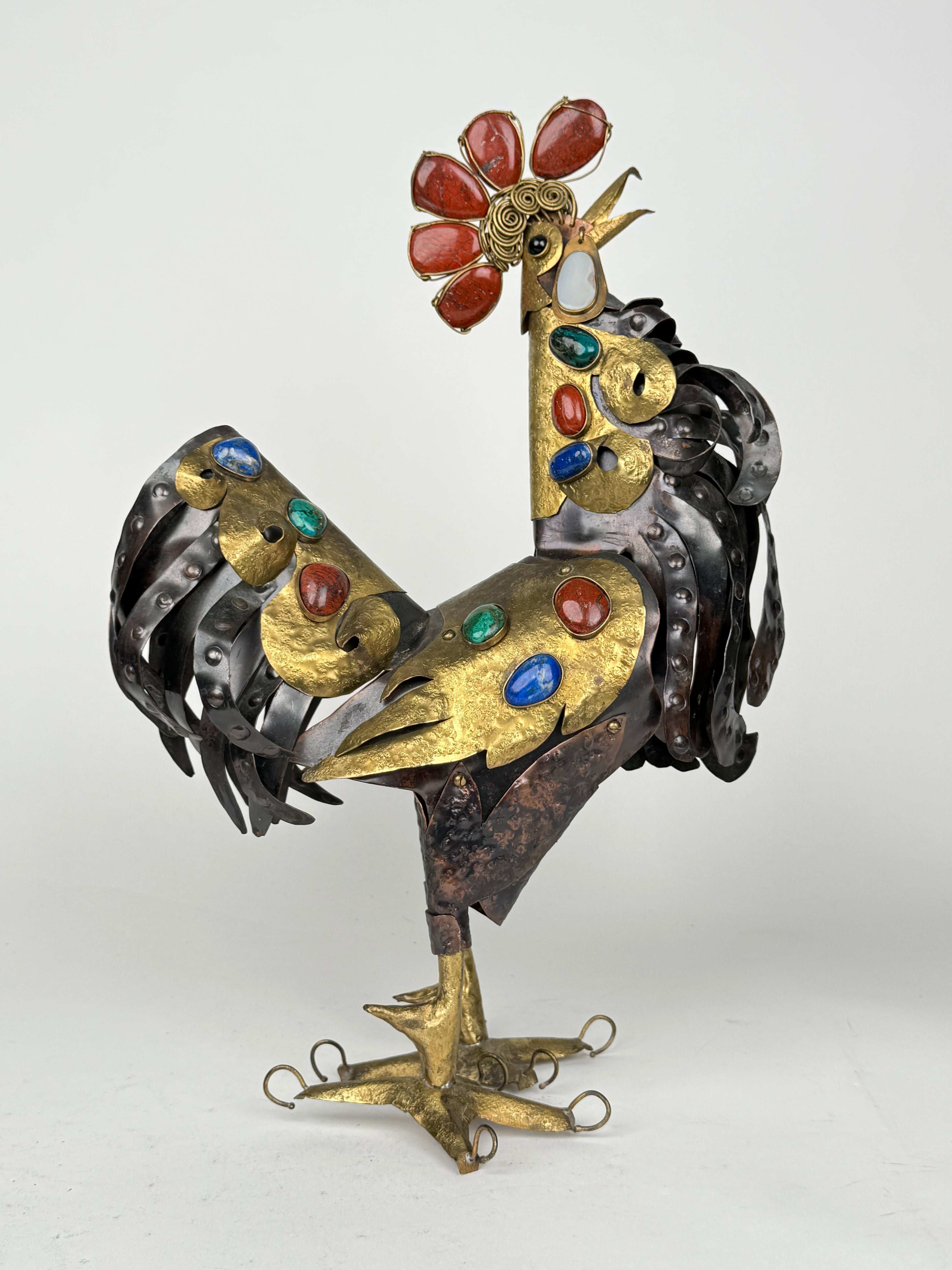 Handmade Bronze, Copper & Semi Precious Stones Sculpture in a Form of a Rooster