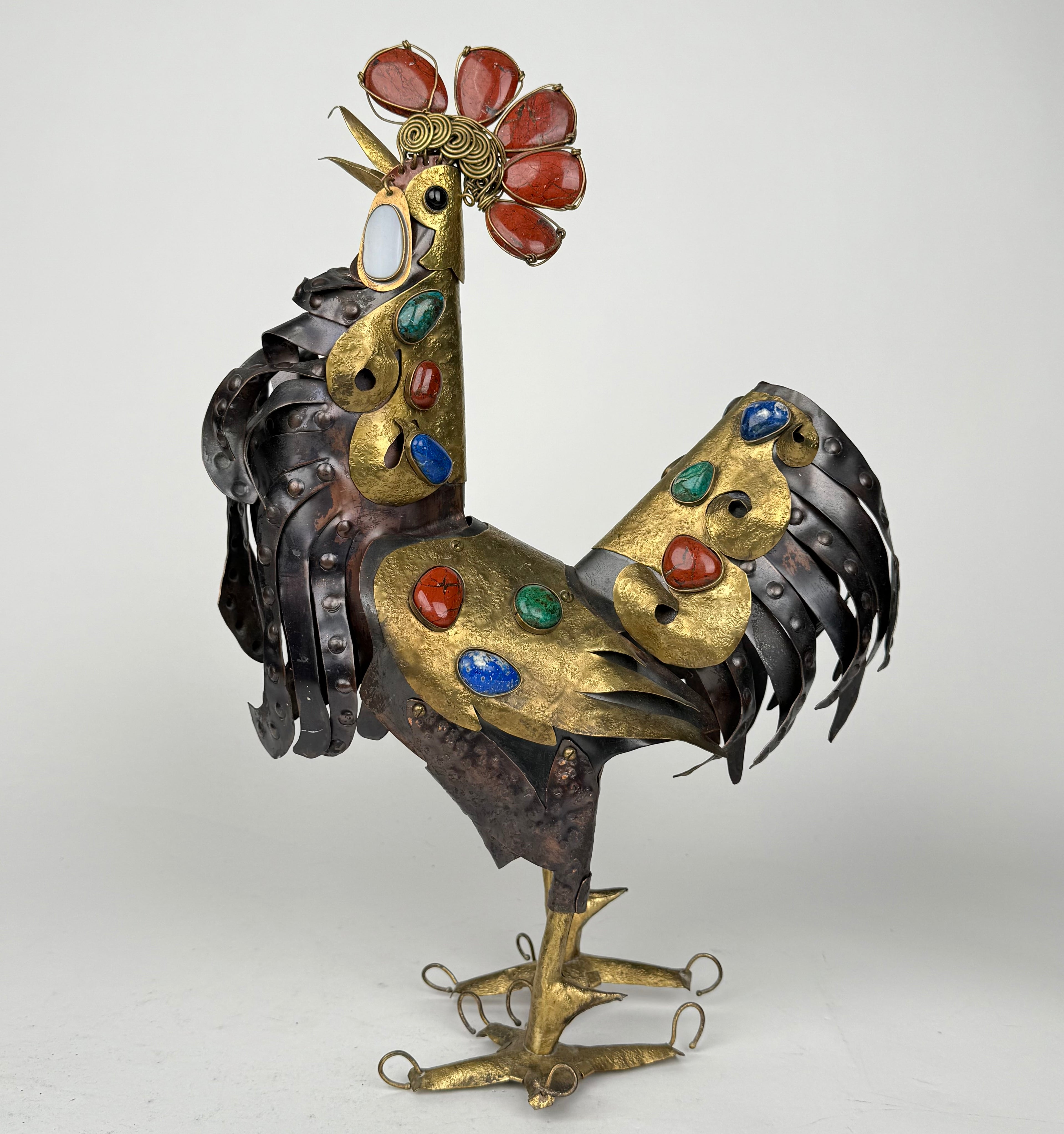 Handmade Bronze, Copper & Semi Precious Stones Sculpture in a Form of a Rooster