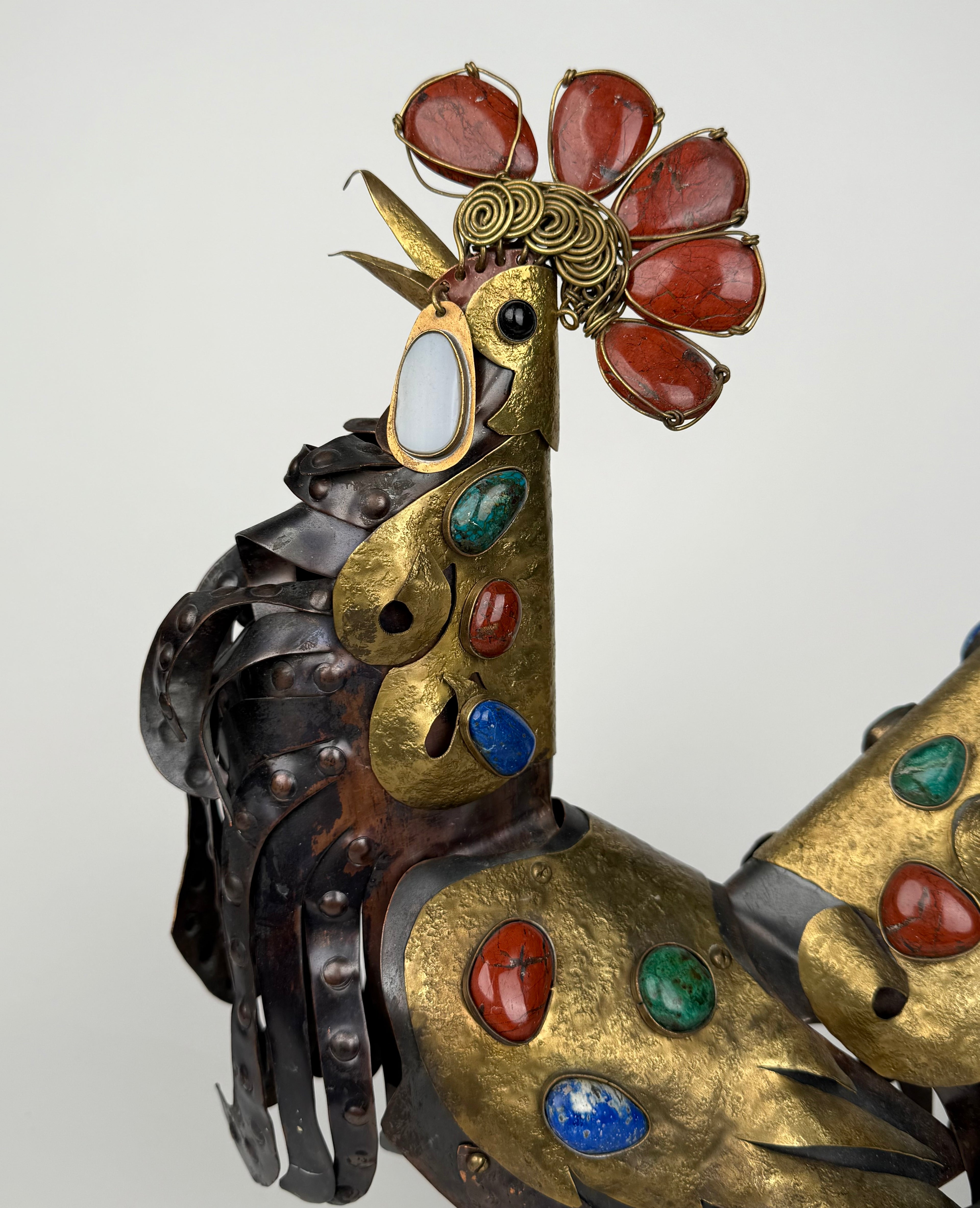 Handmade Bronze, Copper & Semi Precious Stones Sculpture in a Form of a Rooster
