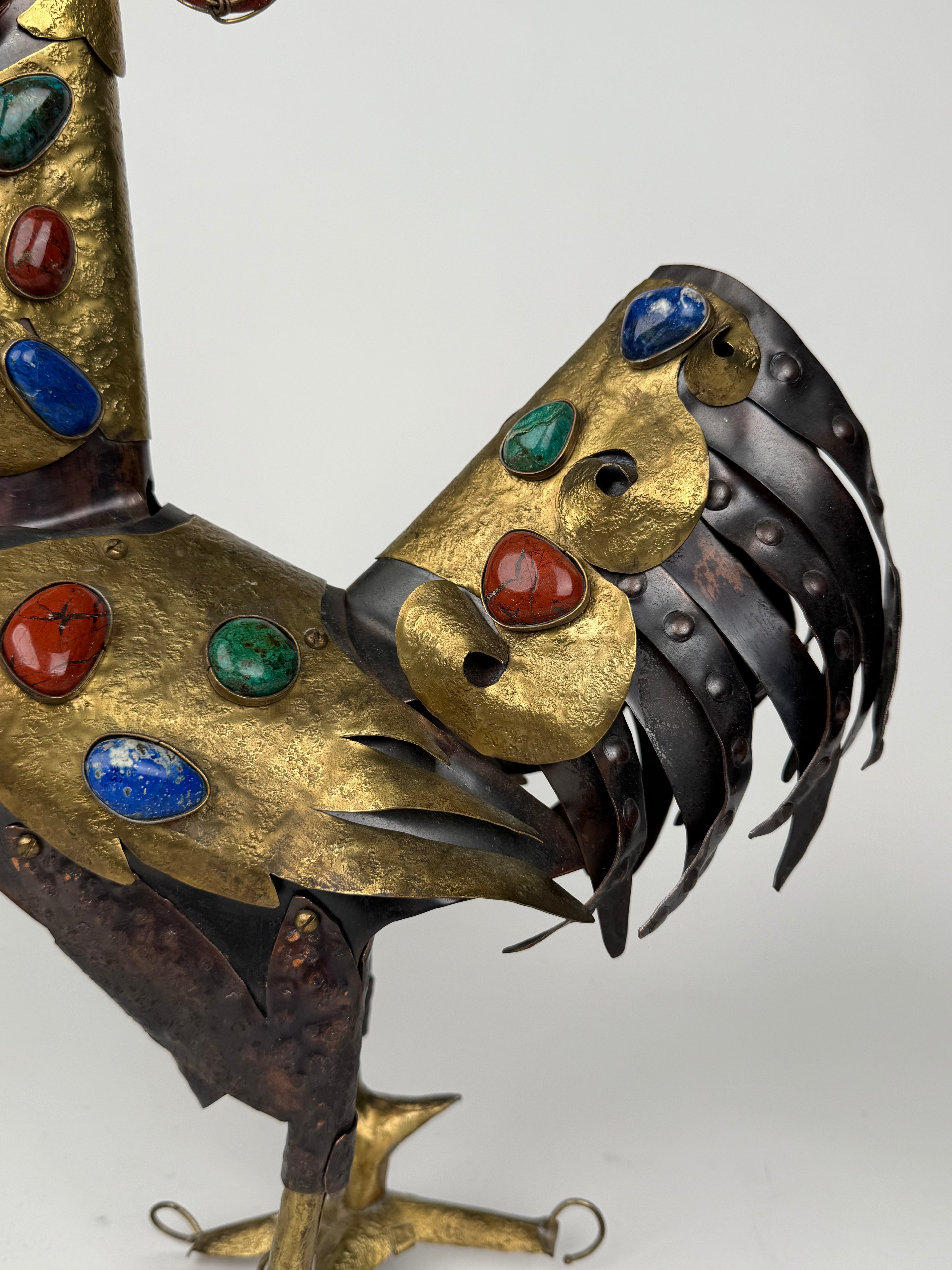 Handmade Bronze, Copper & Semi Precious Stones Sculpture in a Form of a Rooster