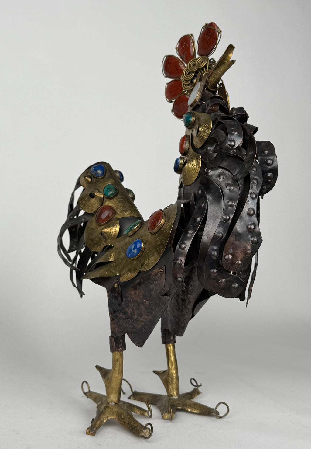 Handmade Bronze, Copper & Semi Precious Stones Sculpture in a Form of a Rooster