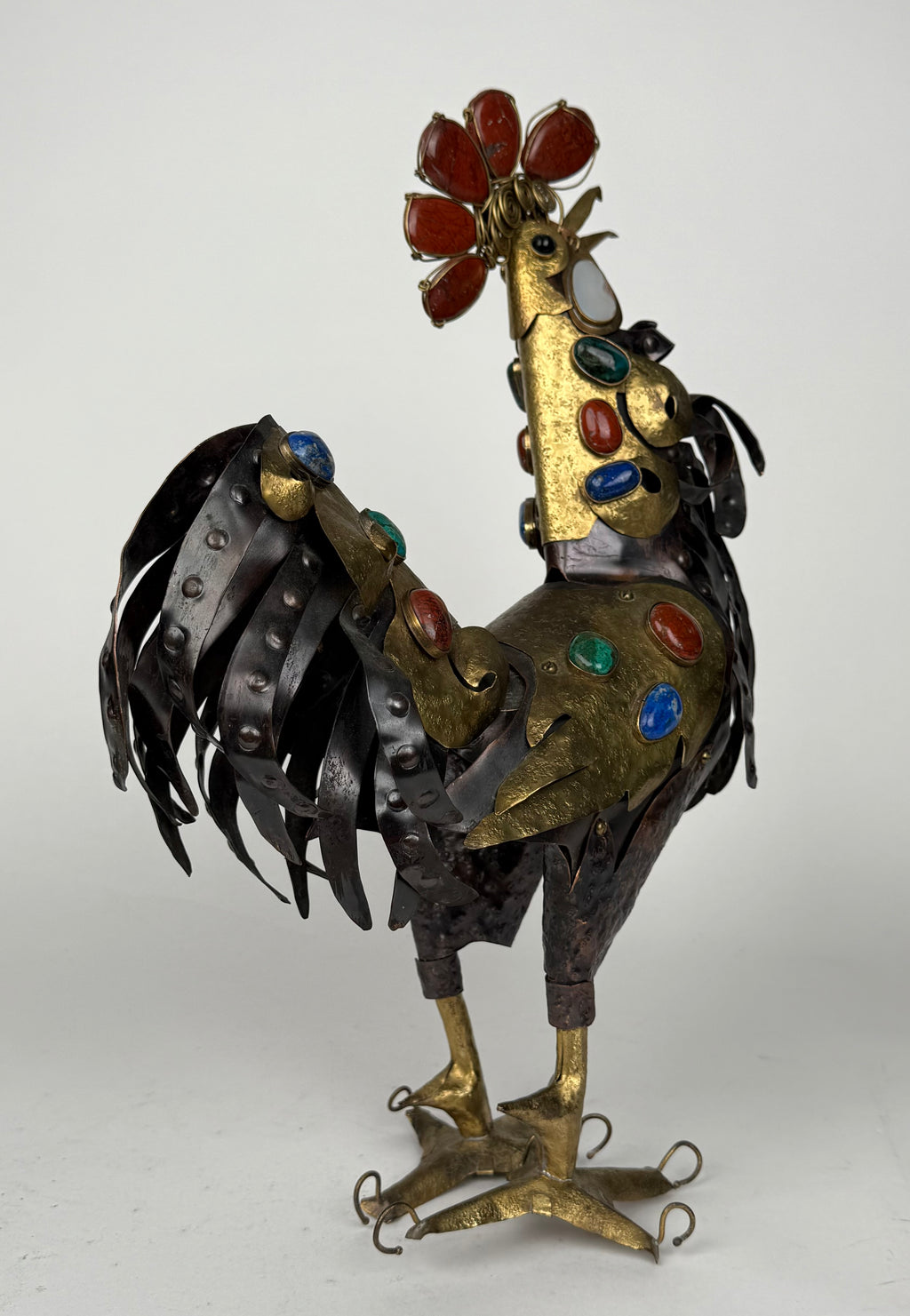 Handmade Bronze, Copper & Semi Precious Stones Sculpture in a Form of a Rooster
