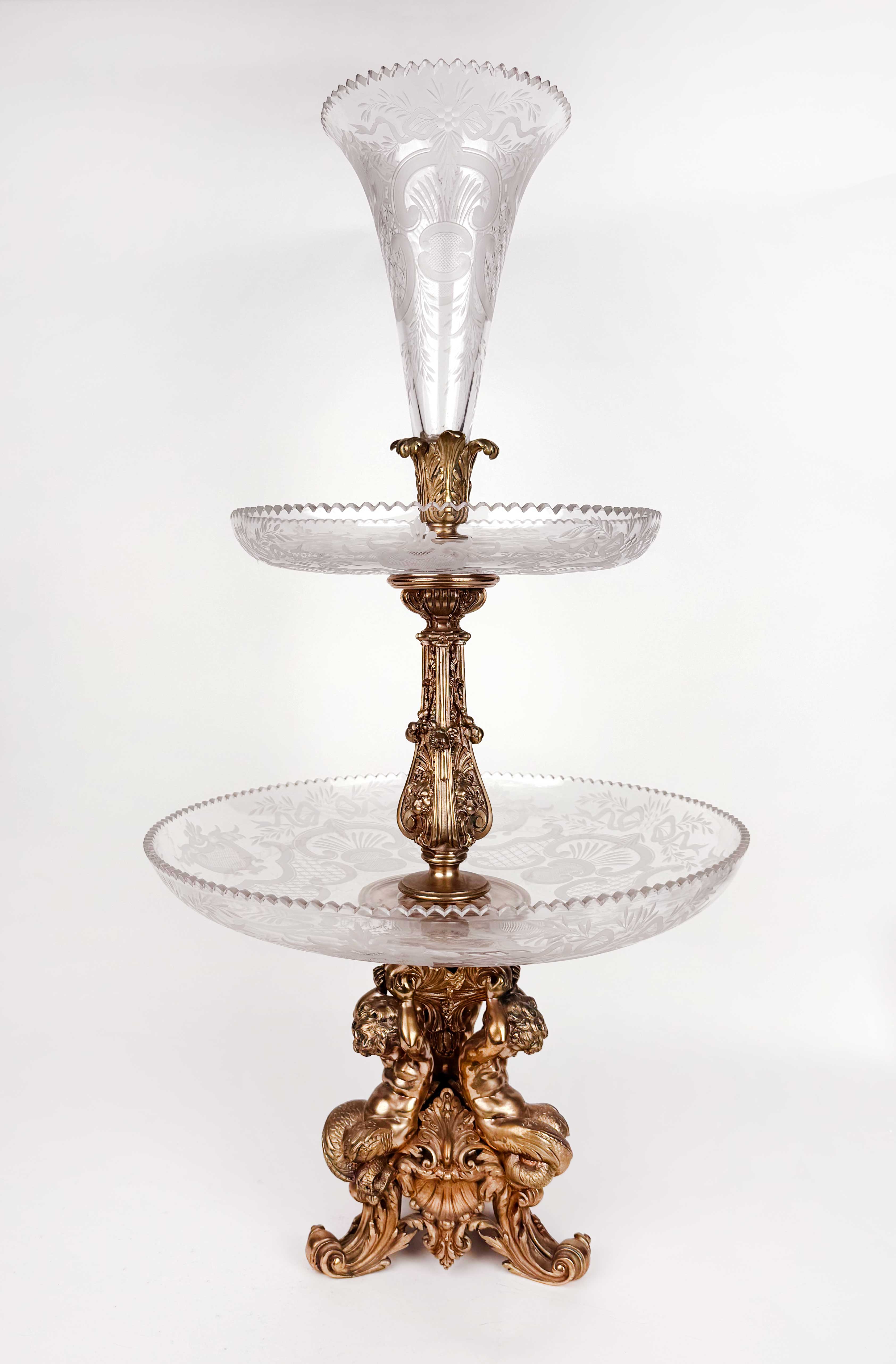 A Christofle Very Large 19th Century French Gilt Bronze & Crystal Centerpiece