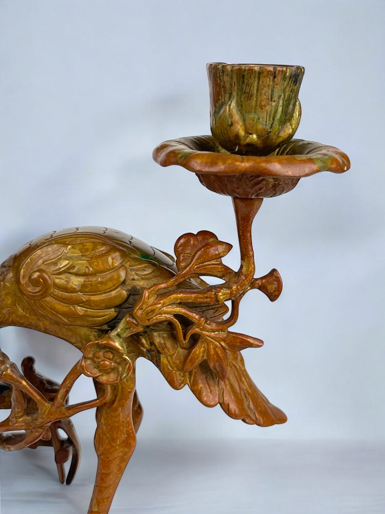 A Pair of French Chinoiserie Patinated Bronze Candle Sticks