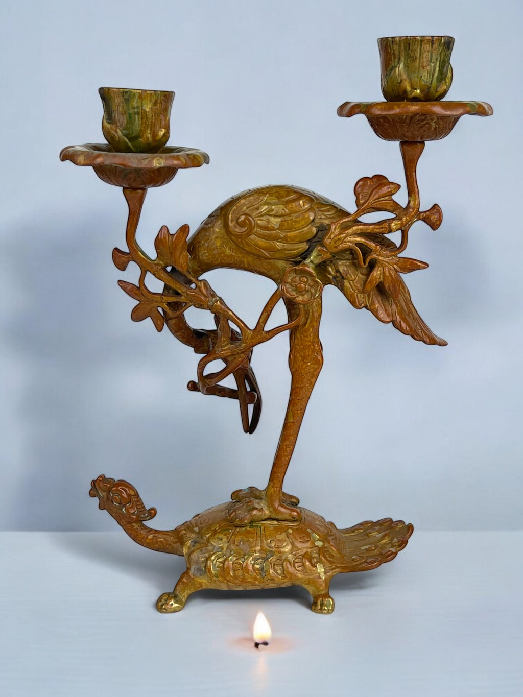 A Pair of French Chinoiserie Patinated Bronze Candle Sticks